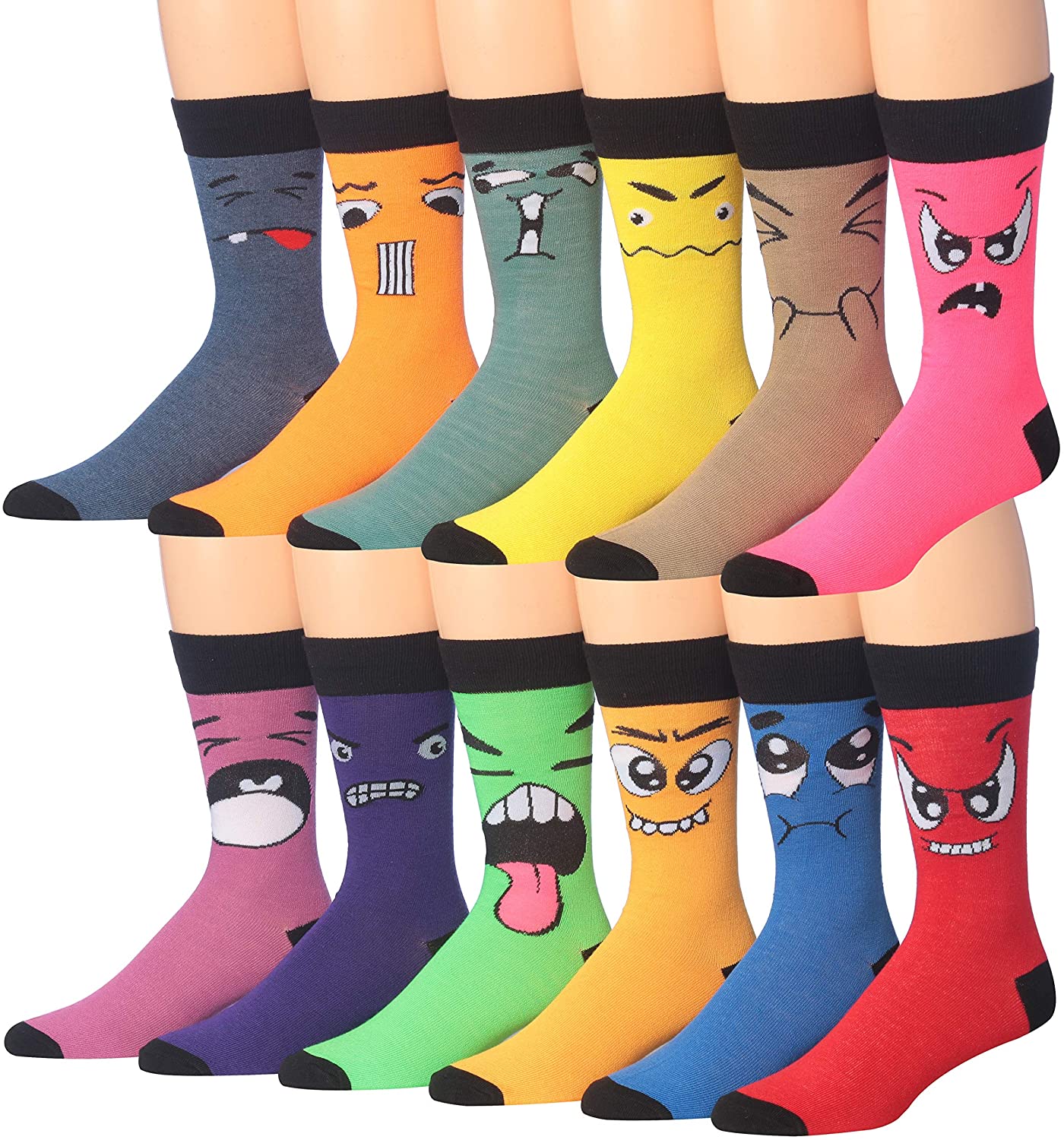 A colorful assortment of James Fiallo men's crew socks featuring funny faces and striped patterns, perfect for adding fun to any outfit.