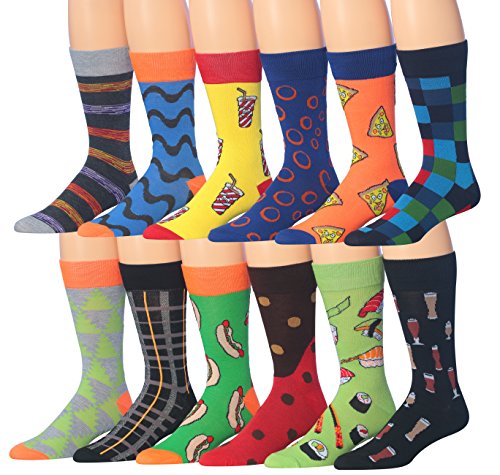 A colorful assortment of James Fiallo men's crew socks featuring funny faces and striped patterns, perfect for adding fun to any outfit.