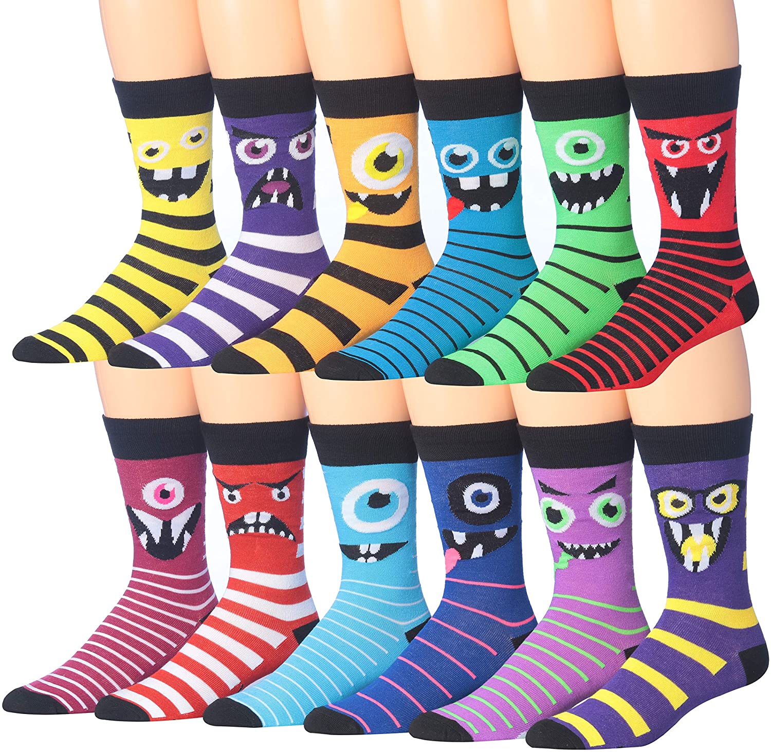 A colorful assortment of James Fiallo men's crew socks featuring funny faces and striped patterns, perfect for adding fun to any outfit.