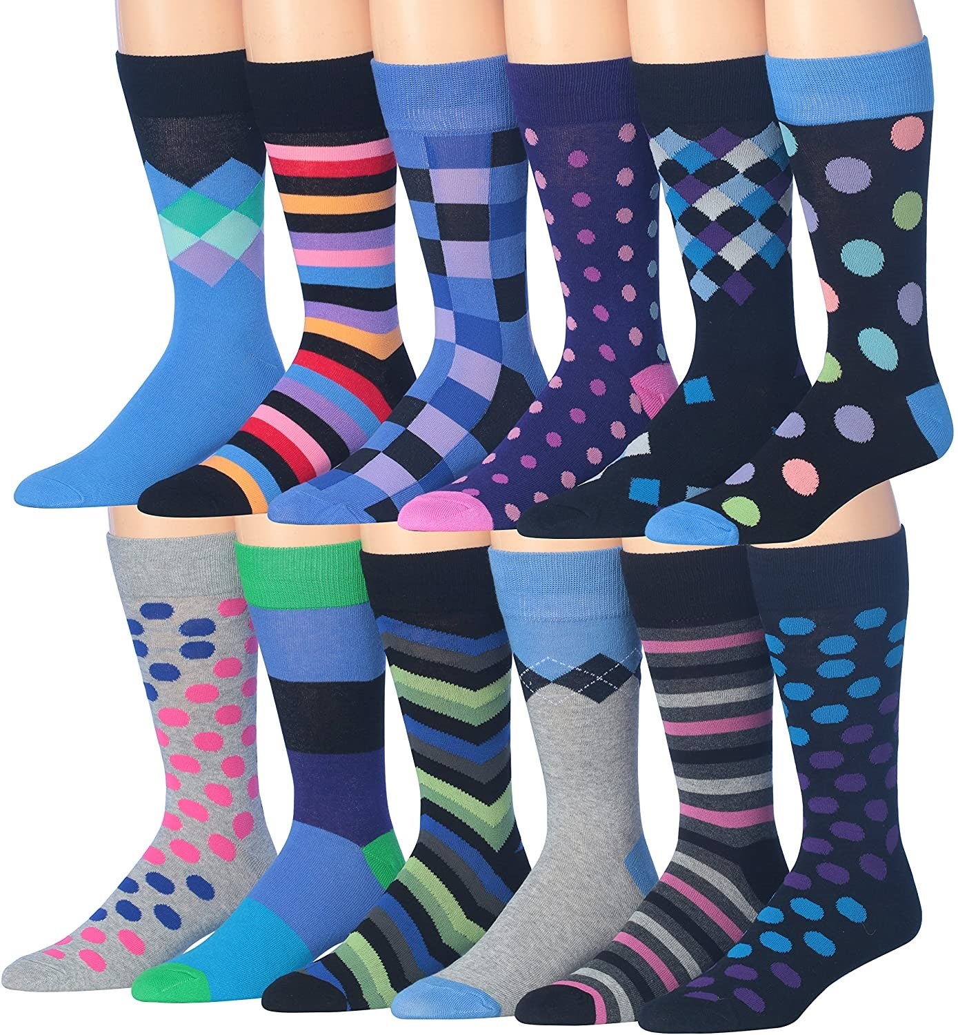 A colorful assortment of James Fiallo men's crew socks featuring funny faces and striped patterns, perfect for adding fun to any outfit.