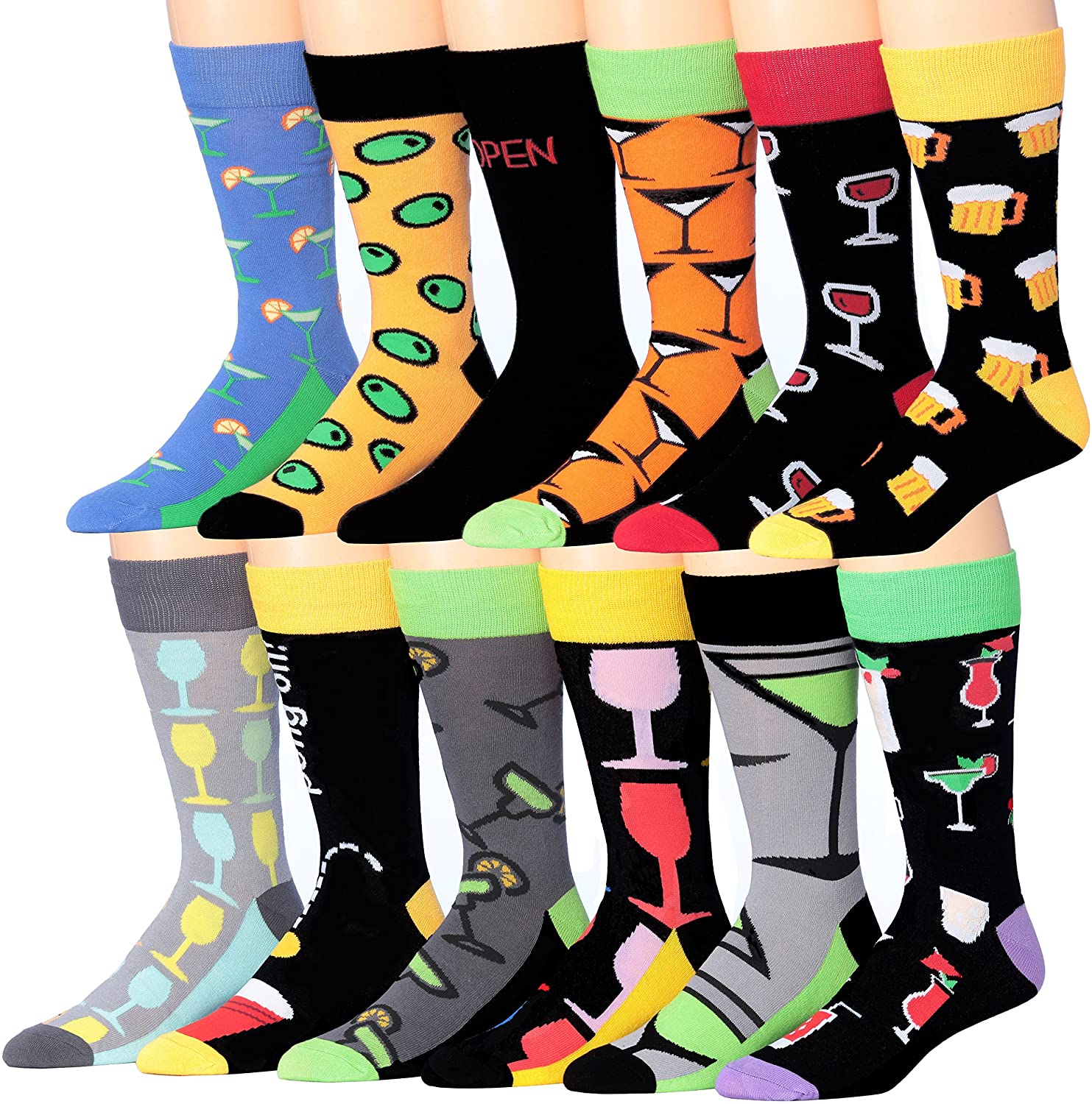 A colorful assortment of James Fiallo men's crew socks featuring funny faces and striped patterns, perfect for adding fun to any outfit.