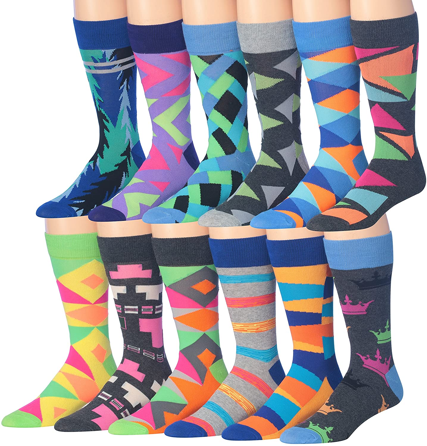 A colorful assortment of James Fiallo men's crew socks featuring funny faces and striped patterns, perfect for adding fun to any outfit.