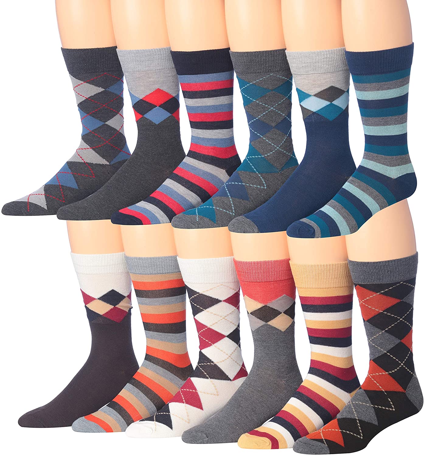 A colorful assortment of James Fiallo men's crew socks featuring funny faces and stripes, showcasing vibrant patterns and playful designs.