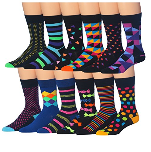 A colorful assortment of James Fiallo men's crew socks featuring funny faces and stripes, showcasing vibrant patterns and playful designs.