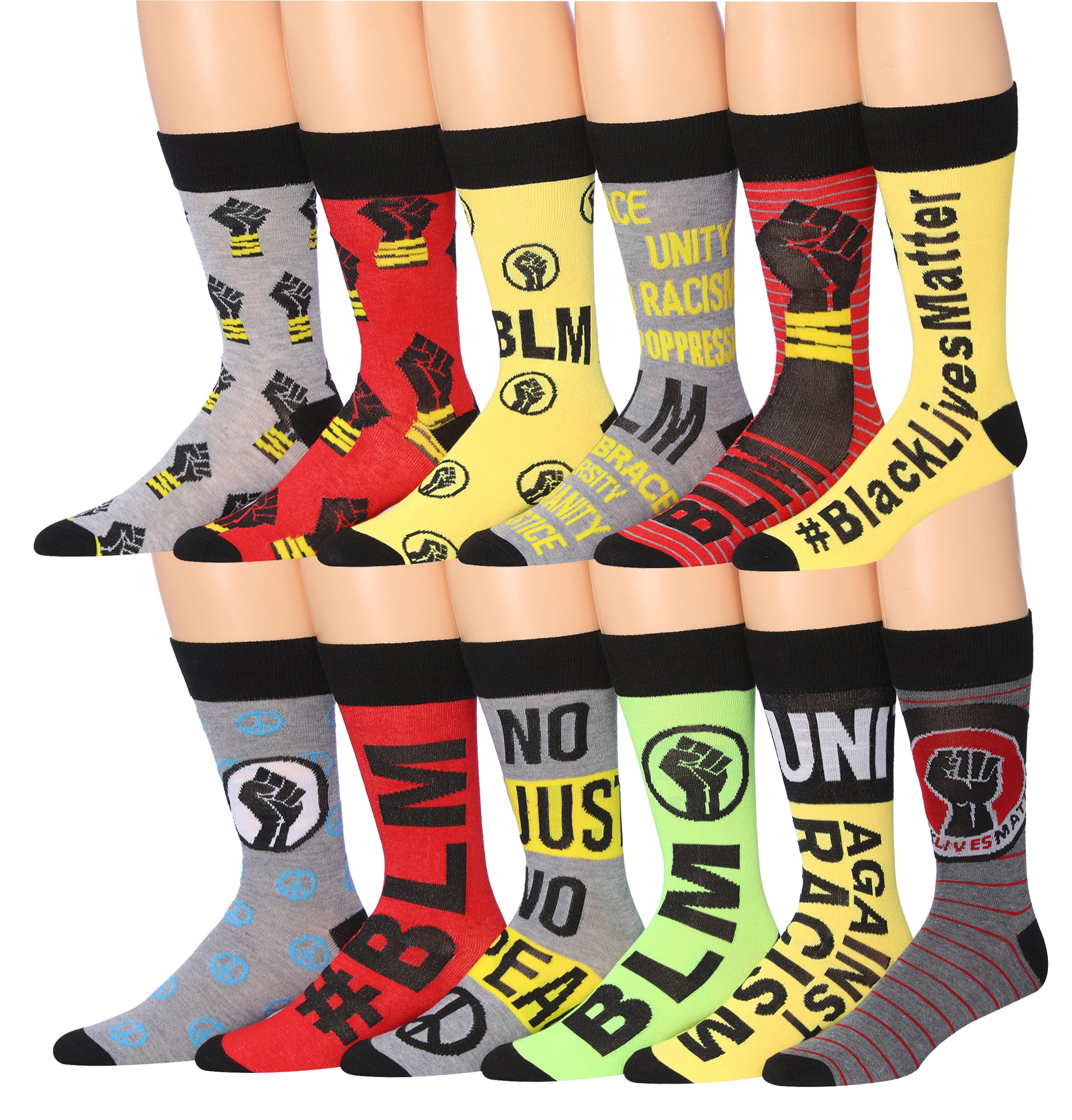 A colorful assortment of James Fiallo men's crew socks featuring funny faces and stripes, showcasing vibrant patterns and playful designs.