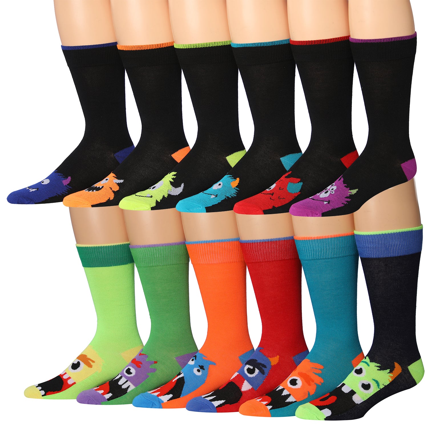 A colorful assortment of James Fiallo men's crew socks featuring funny faces and stripes, showcasing vibrant patterns and playful designs.