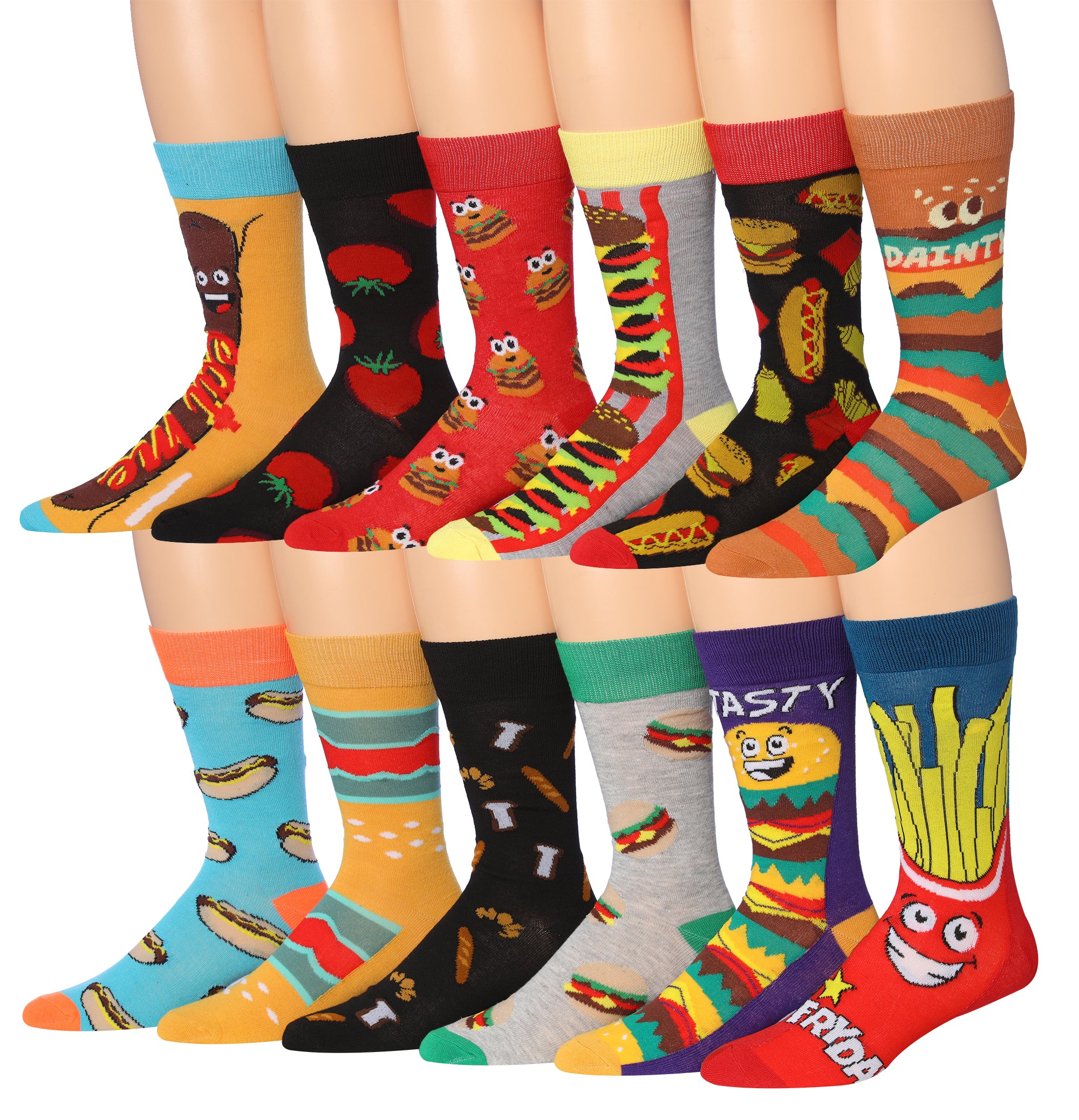 A colorful assortment of James Fiallo men's crew socks featuring funny faces and stripes, showcasing vibrant patterns and playful designs.