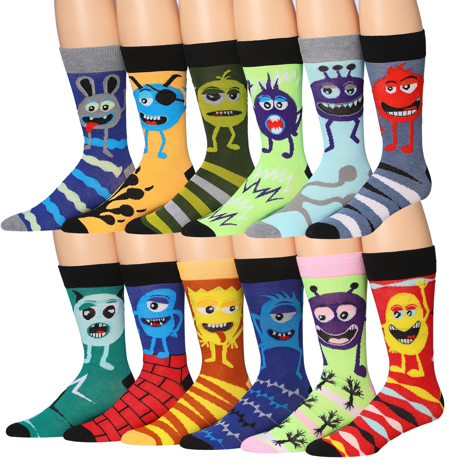 A colorful assortment of James Fiallo men's crew socks featuring funny faces and stripes, showcasing vibrant patterns and playful designs.