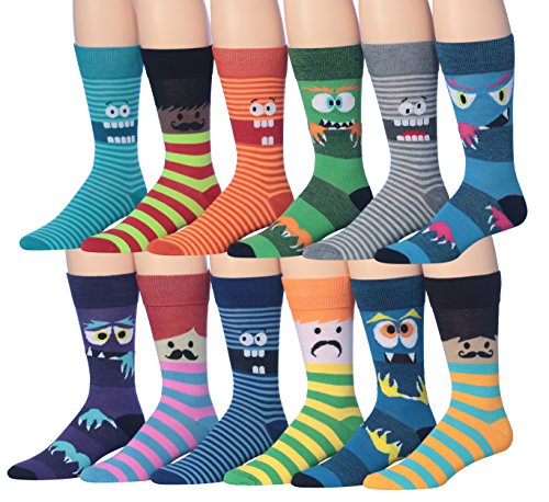 A colorful assortment of James Fiallo men's crew socks featuring funny faces and stripes, showcasing vibrant patterns and playful designs.