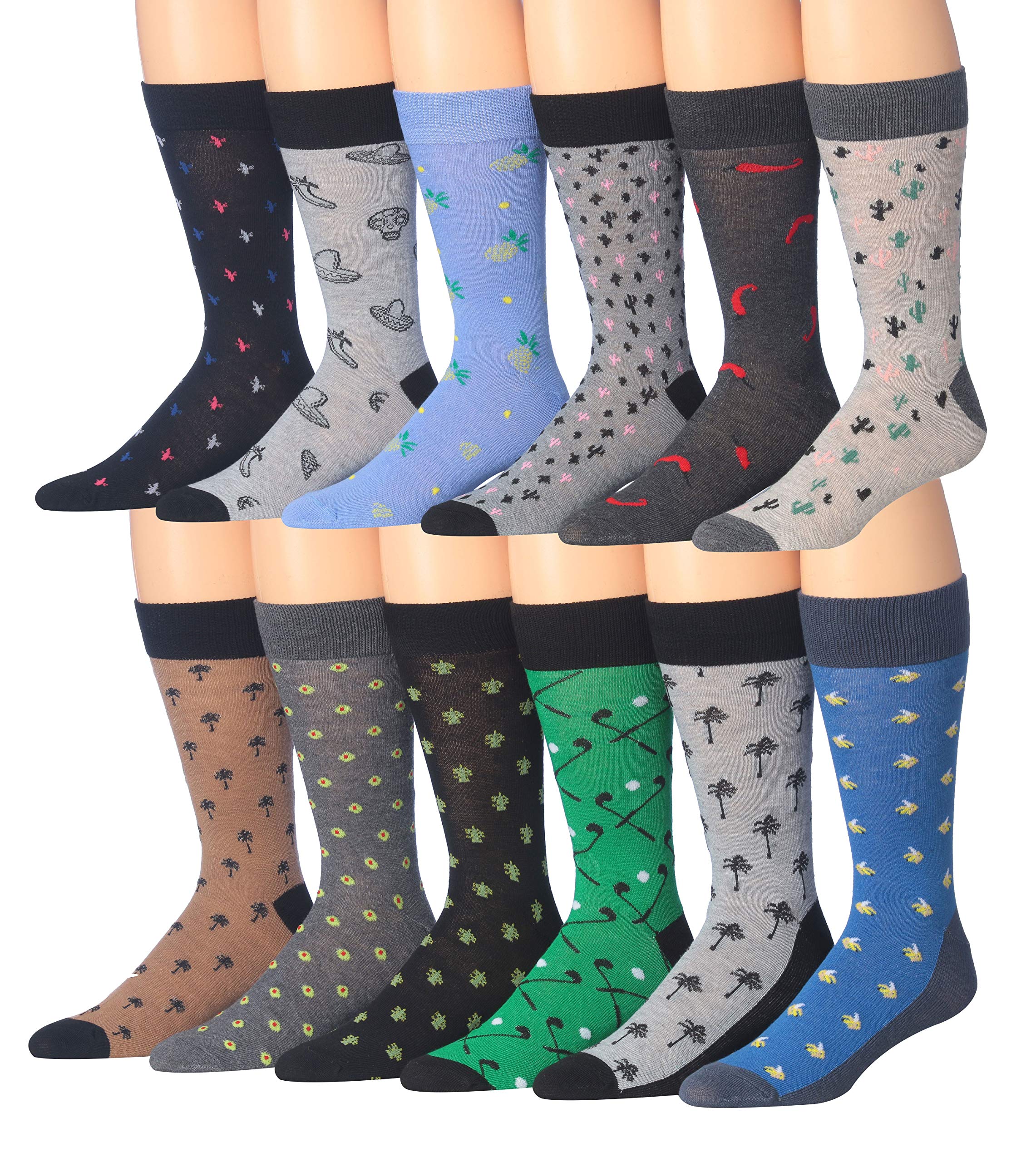 A colorful assortment of James Fiallo men's crew socks featuring funny faces and stripes, showcasing vibrant patterns and playful designs.