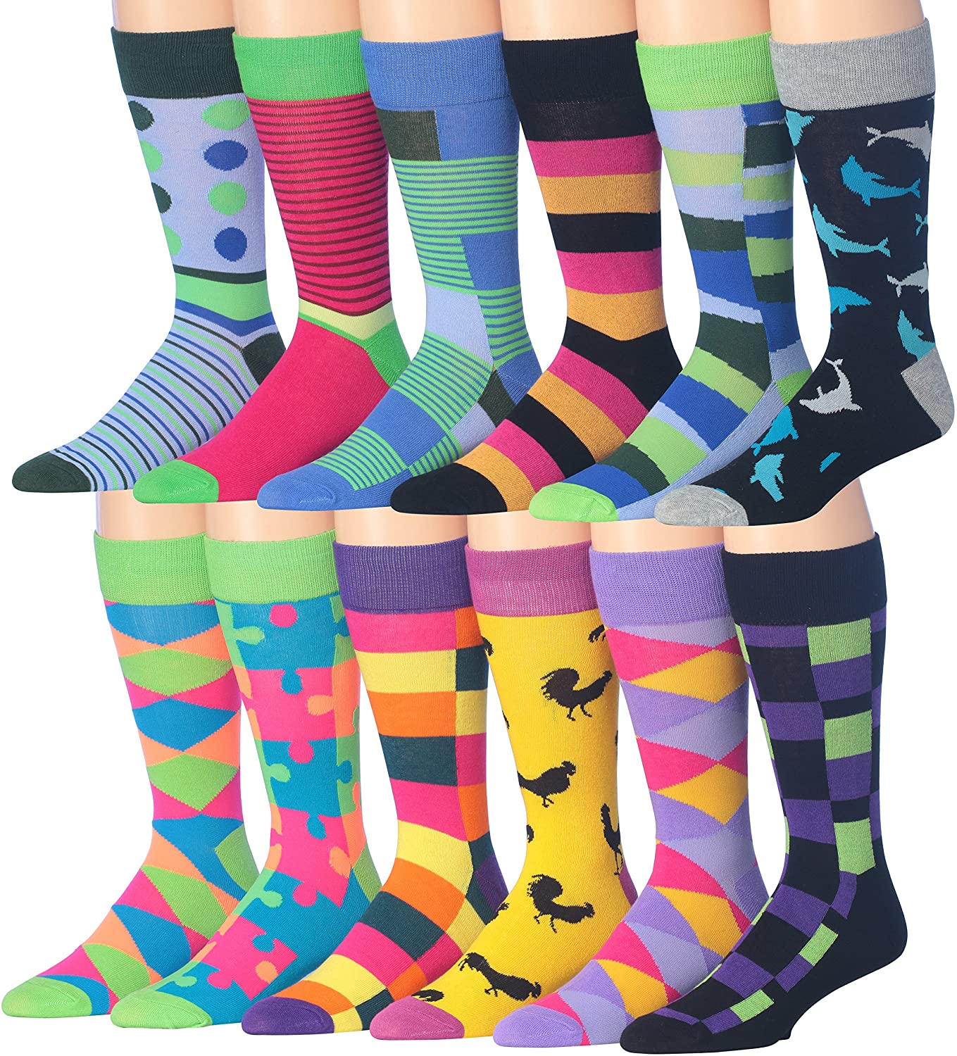 A colorful assortment of James Fiallo men's crew socks featuring funny faces and stripes, showcasing vibrant patterns and playful designs.