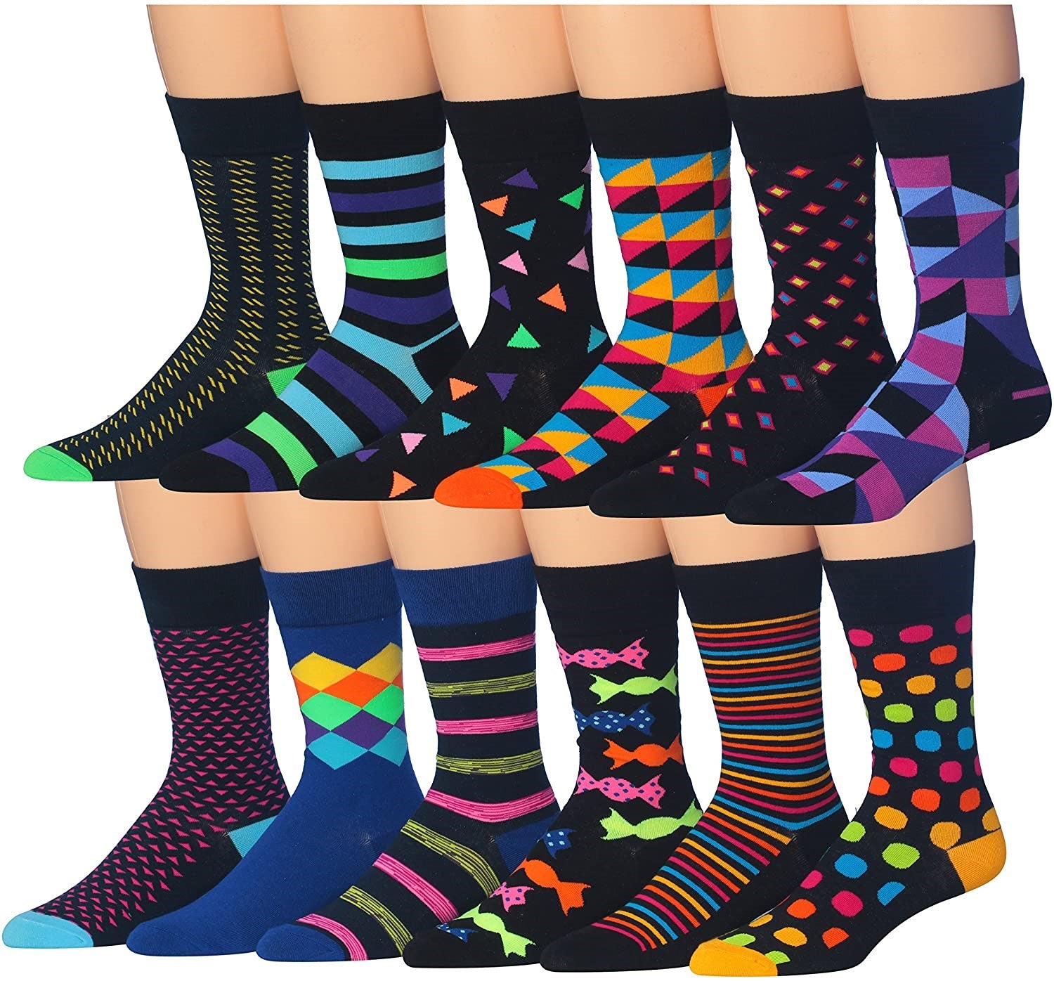 A colorful assortment of James Fiallo men's crew socks featuring funny face designs and vibrant stripes, perfect for adding fun to any outfit.