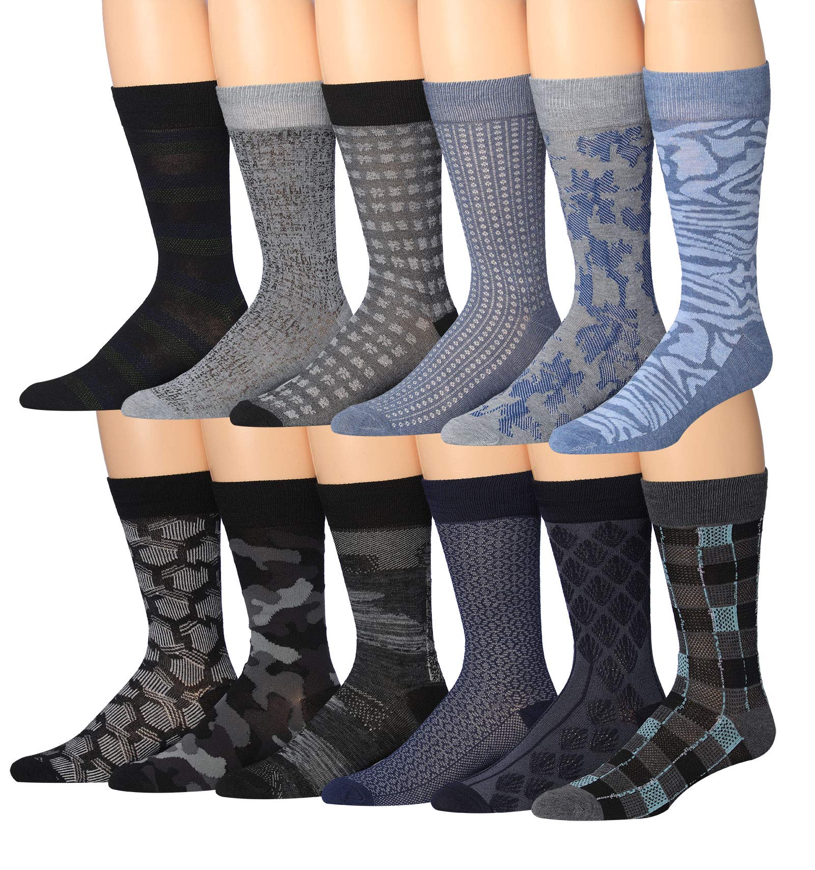 A colorful assortment of James Fiallo men's crew socks featuring funny faces and striped patterns, showcasing vibrant designs.