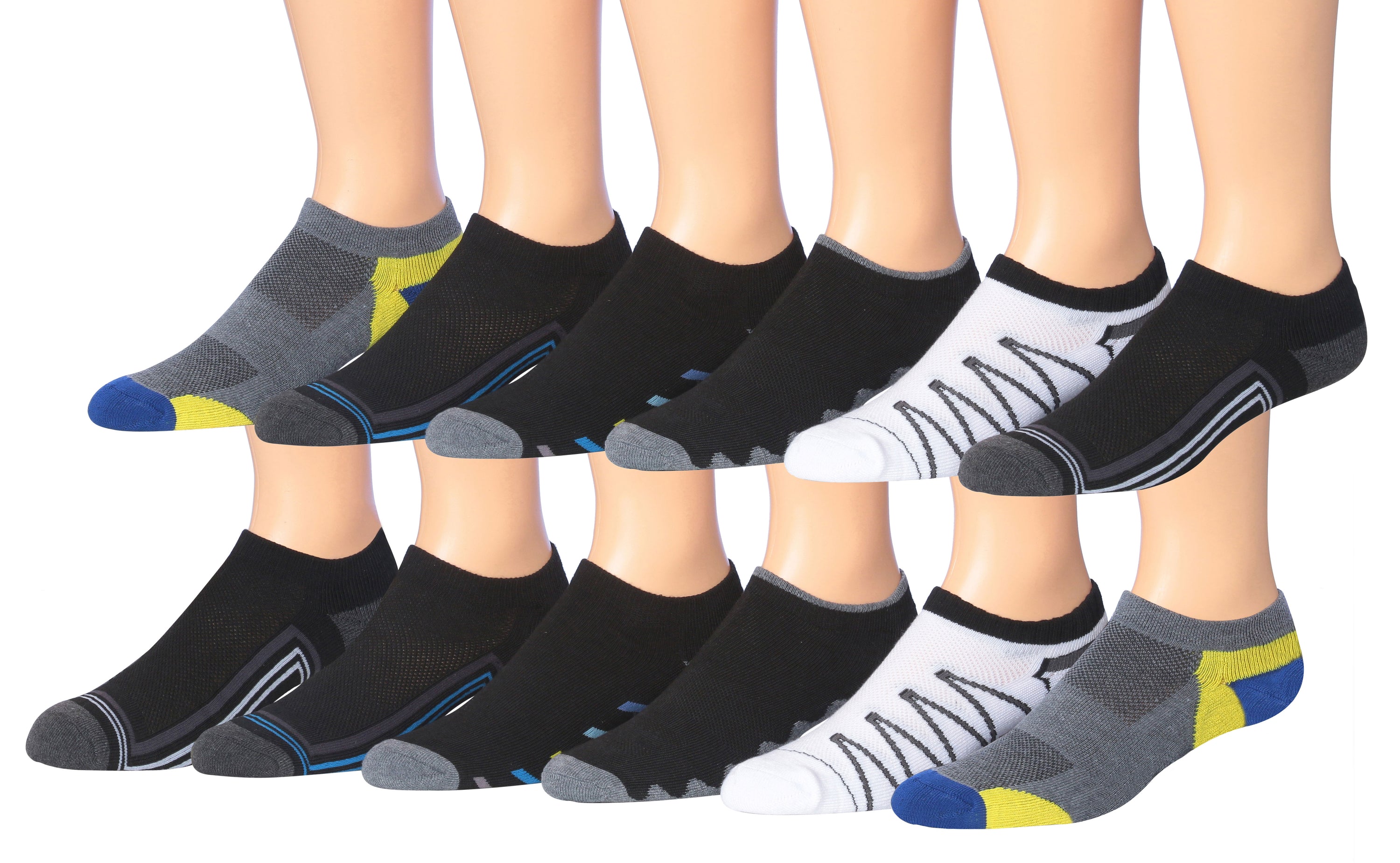 James Fiallo Men's 12-Pairs Performance Low Cut Athletic Sport Socks displayed in various colors and styles, showcasing their low cut design and quality fabric.