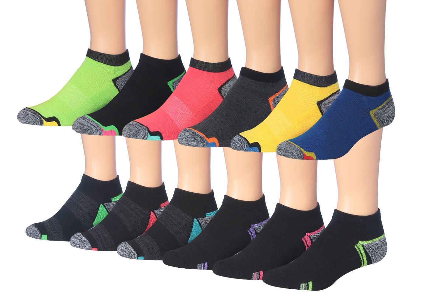 James Fiallo Men's 12-Pairs Performance Low Cut Athletic Sport Socks displayed in various colors and styles, showcasing their low cut design and quality fabric.