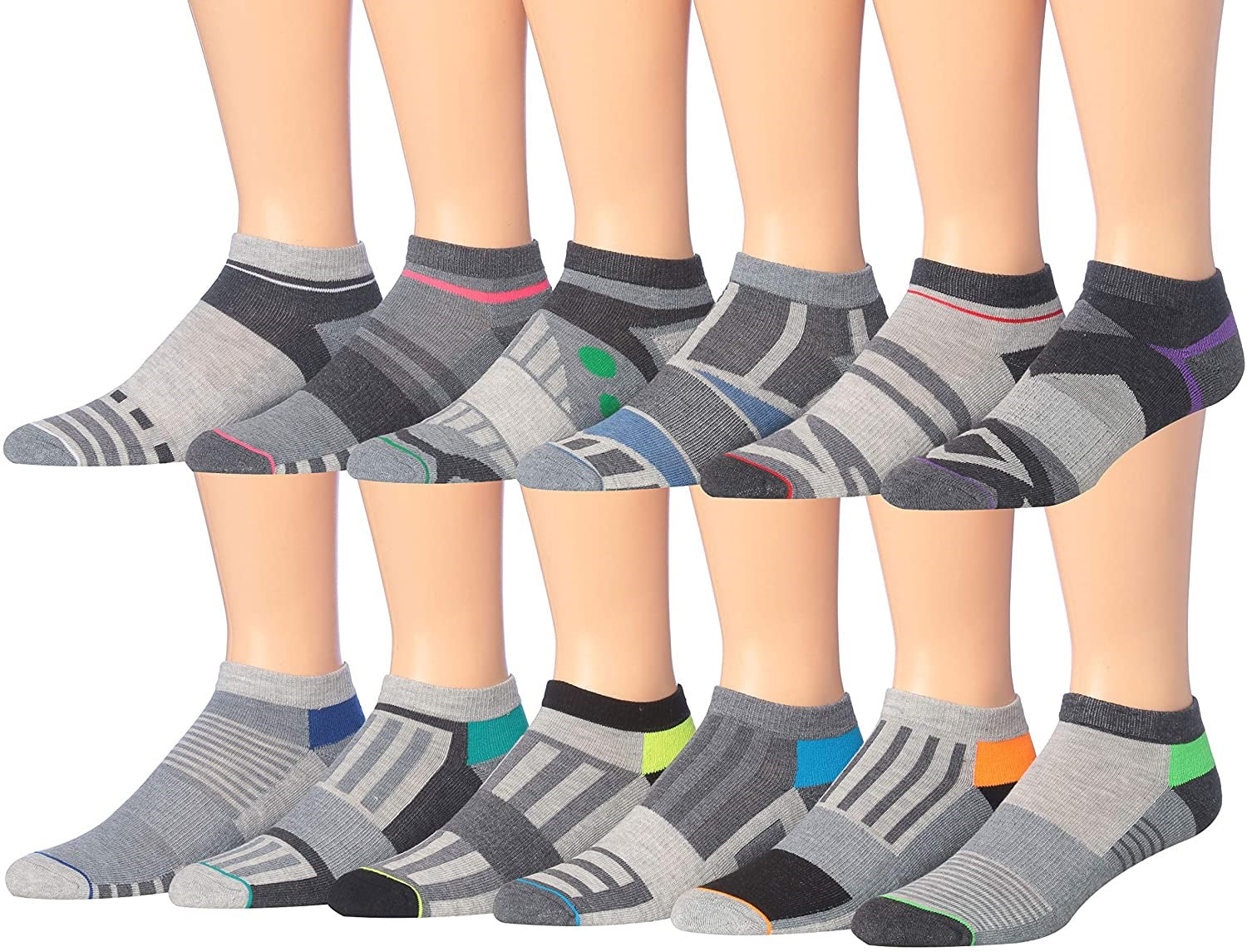 James Fiallo Men's 12-Pairs Performance Low Cut Athletic Sport Socks displayed in various colors and styles, showcasing their low cut design and quality fabric.