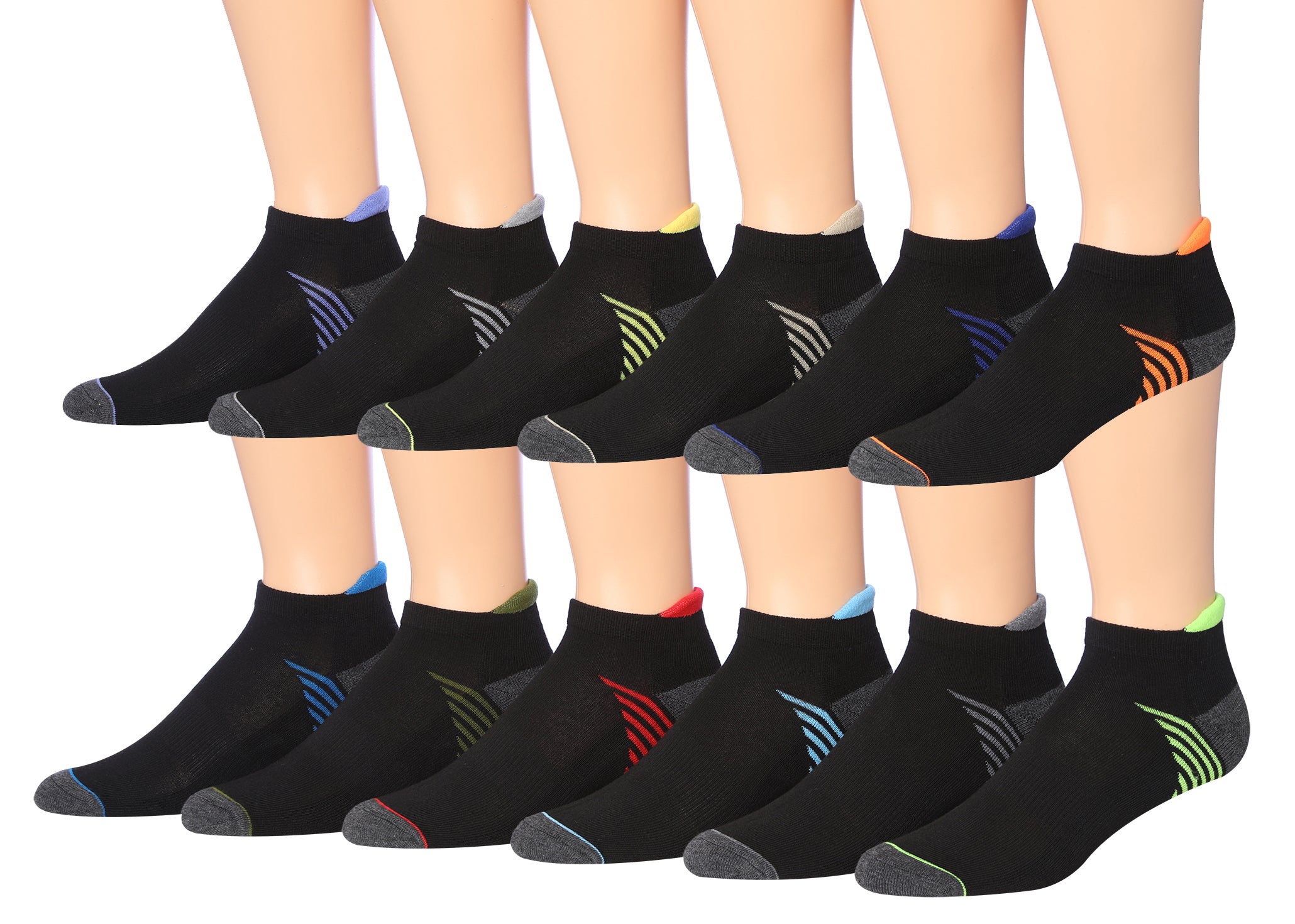 James Fiallo Men's 12-Pairs Performance Low Cut Athletic Sport Socks displayed in various colors and styles, showcasing their low cut design and quality fabric.