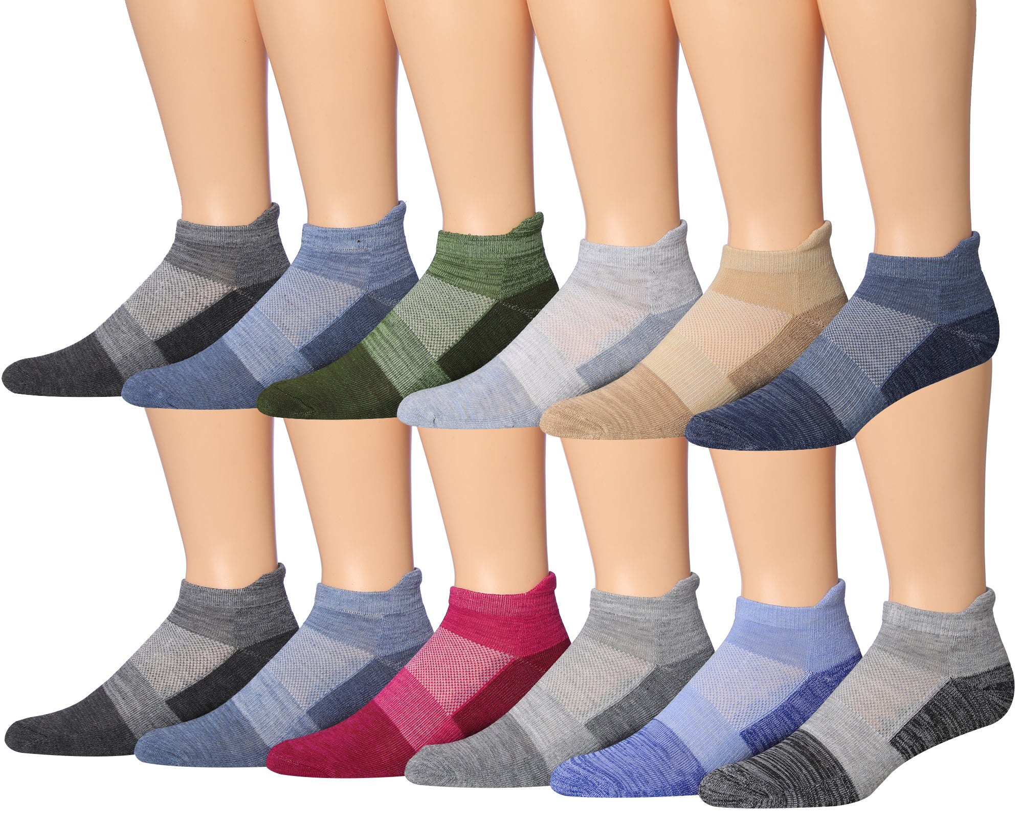 James Fiallo Men's 12-Pairs Performance Low Cut Athletic Sport Socks displayed in various colors and styles, showcasing their low cut design and quality fabric.