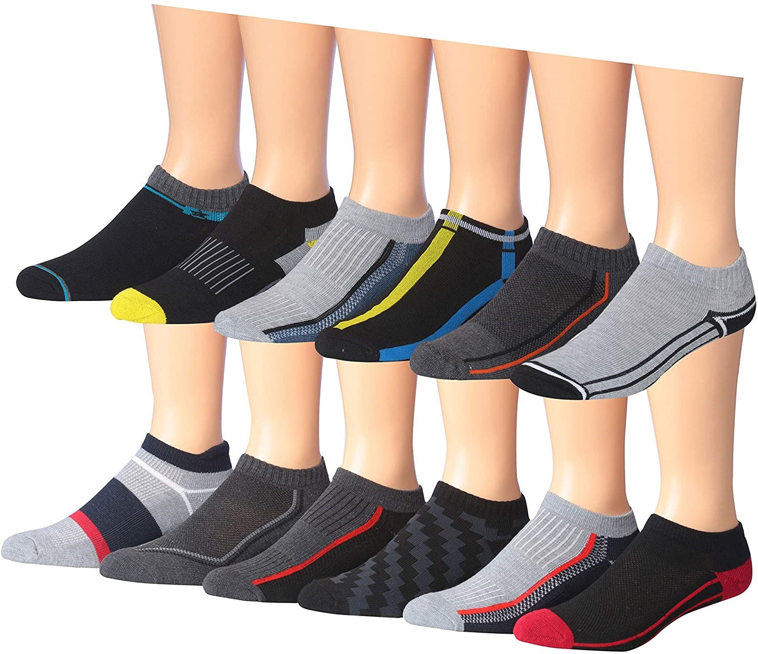 James Fiallo Men's 12-Pairs Performance Low Cut Athletic Sport Socks displayed in various colors and styles, showcasing their low cut design and quality fabric.