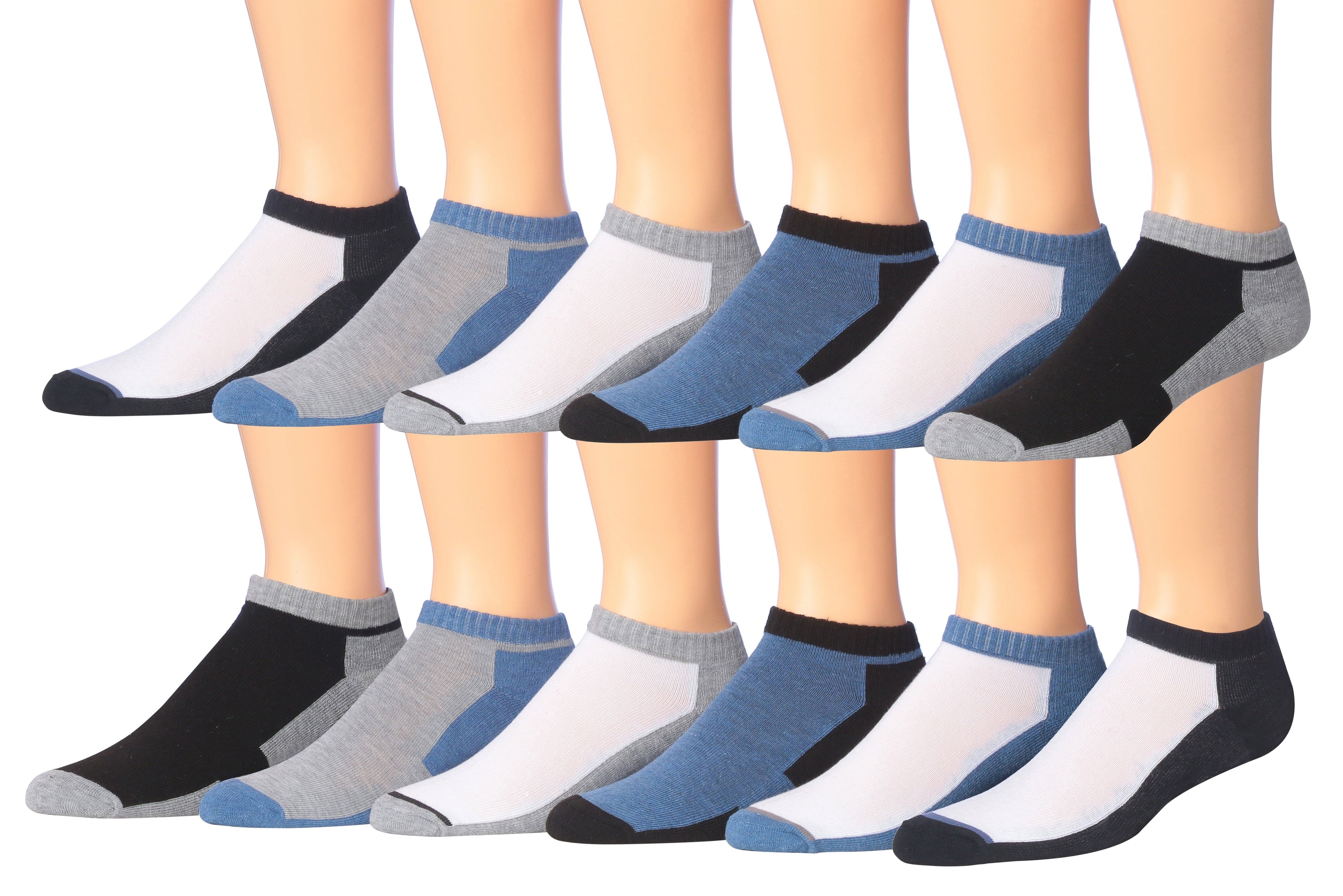 James Fiallo Men's 12-Pairs Performance Low Cut Athletic Sport Socks displayed in various colors and styles, showcasing their low cut design and quality fabric.