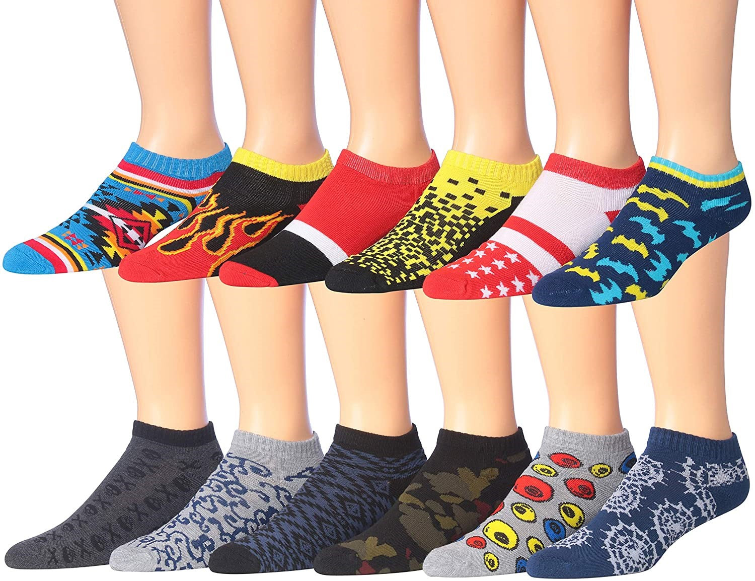 James Fiallo Men's 12-Pairs Performance Low Cut Athletic Sport Socks displayed in various colors and styles, showcasing their low cut design and quality fabric.