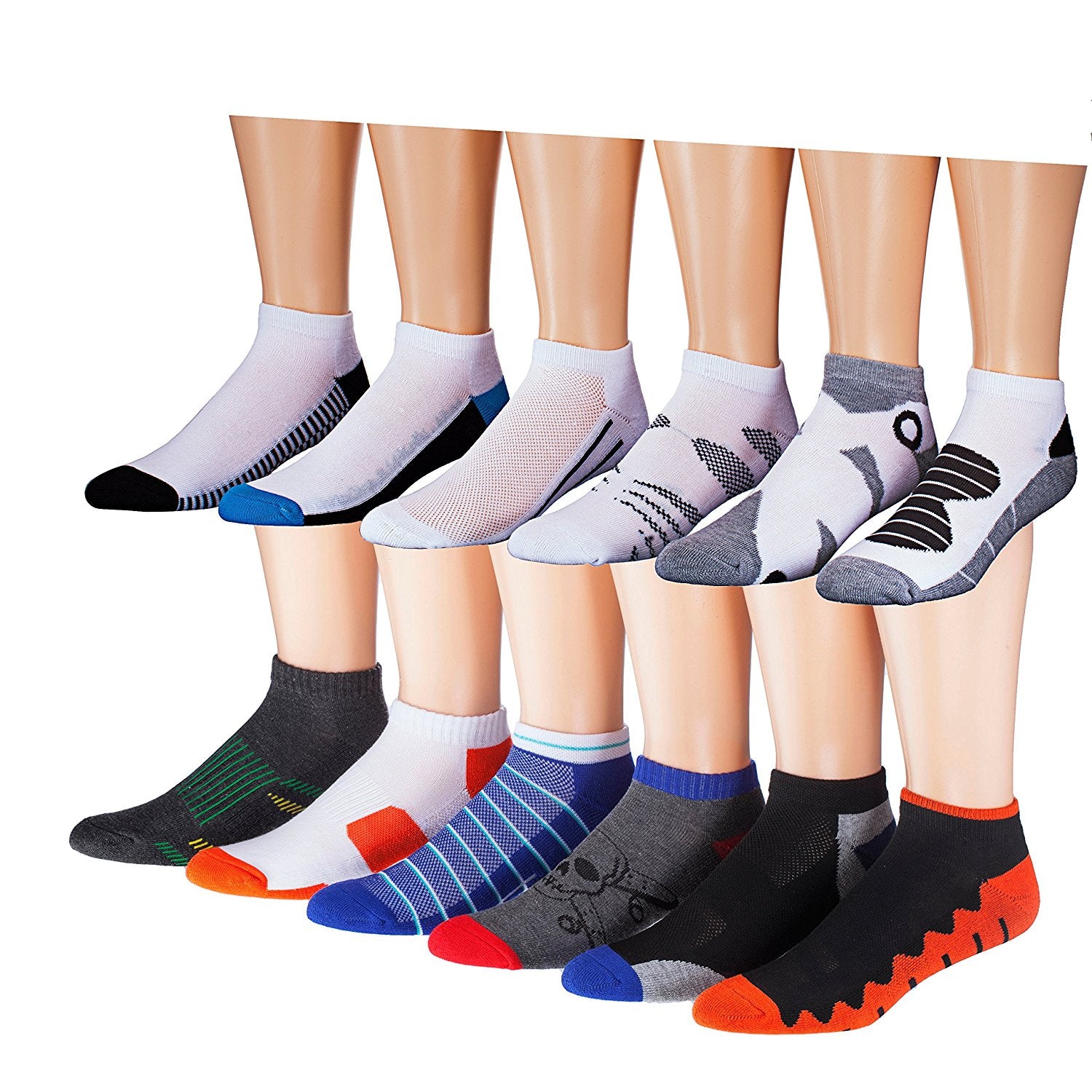 James Fiallo Men's 12-Pairs Performance Low Cut Athletic Sport Socks displayed in various colors and styles, showcasing their low cut design and quality fabric.