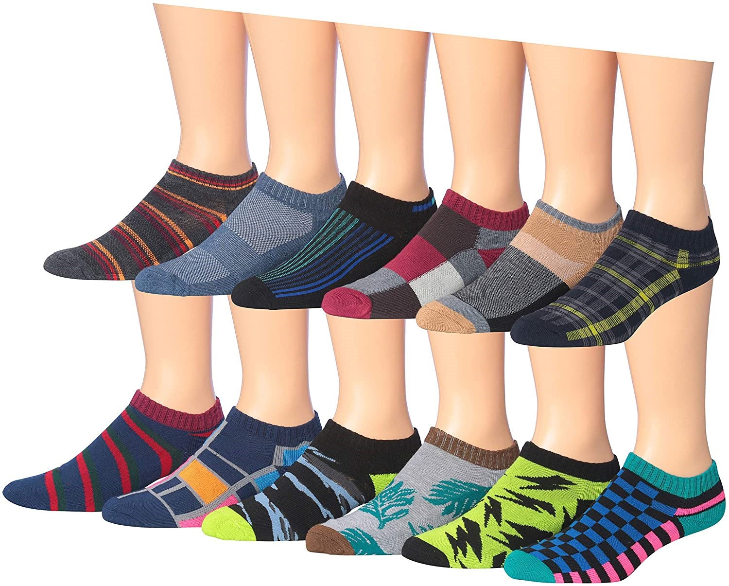 James Fiallo Men's 12-Pairs Performance Low Cut Athletic Sport Socks displayed in various colors and styles, showcasing their low cut design and quality fabric.