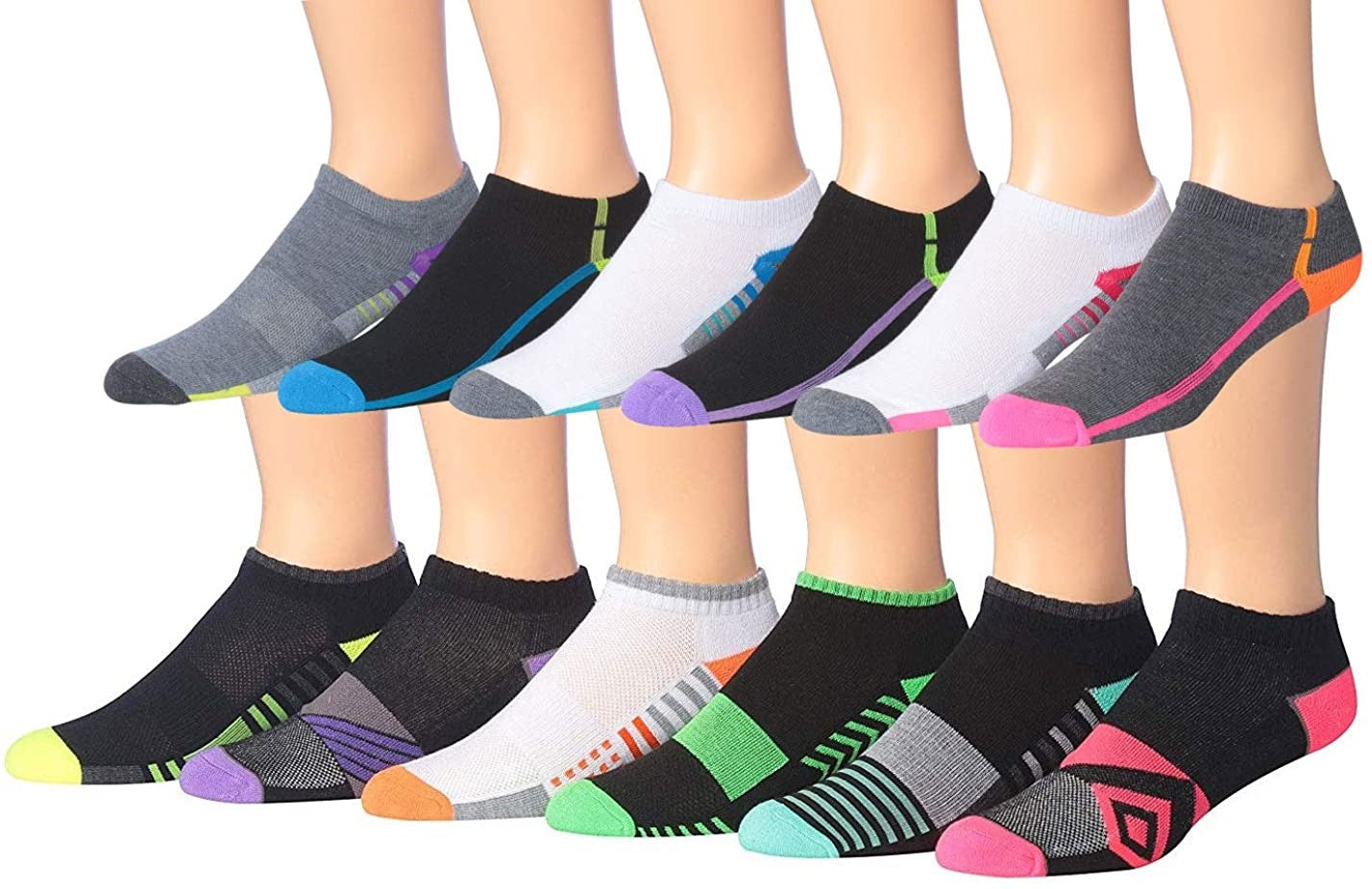 James Fiallo Men's 12-Pairs Performance Low Cut Athletic Sport Socks displayed in various colors and styles, showcasing their low cut design and quality fabric.