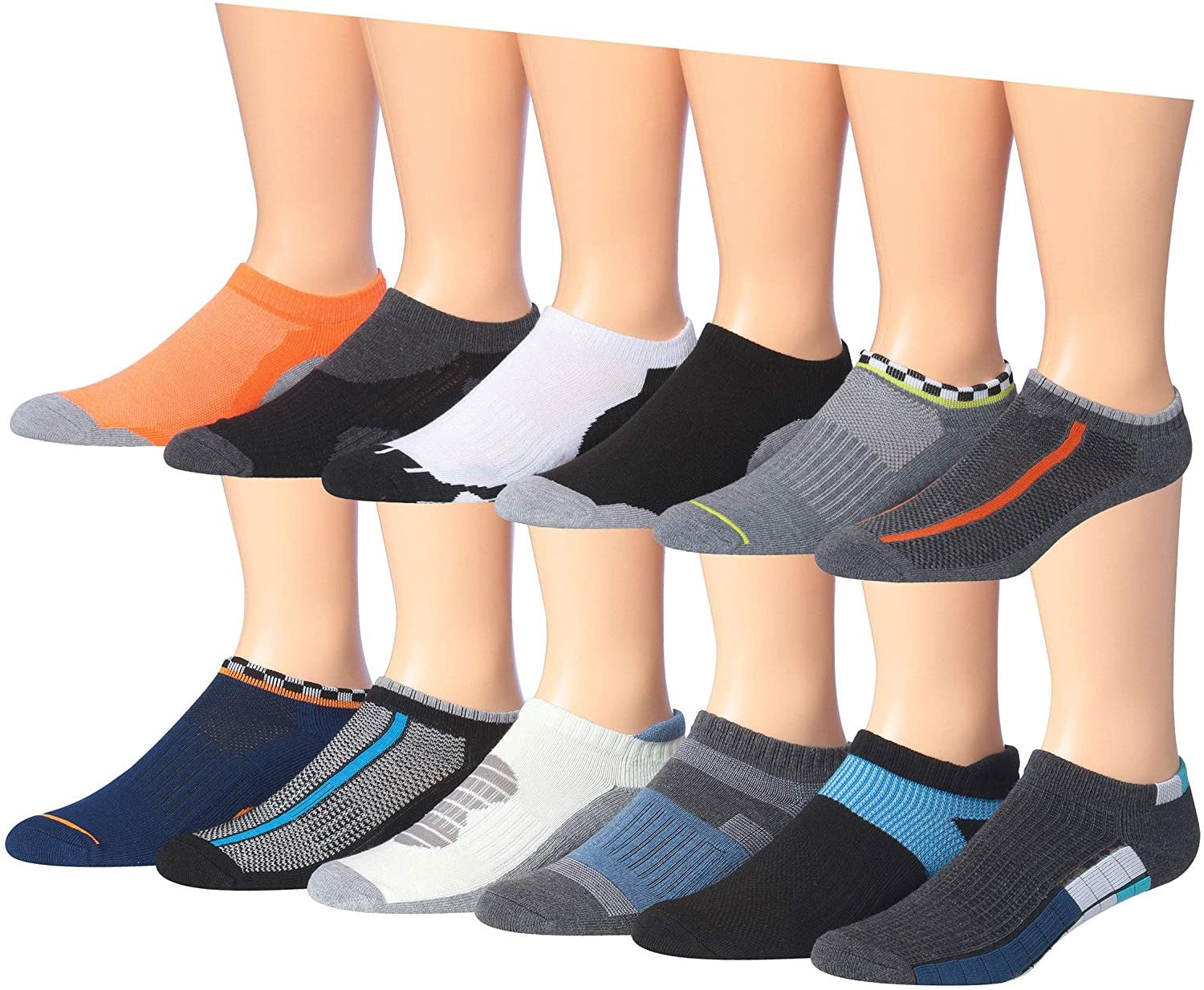 James Fiallo Men's 12-Pairs Performance Low Cut Athletic Sport Socks displayed in various colors and styles, showcasing their low cut design and quality fabric.