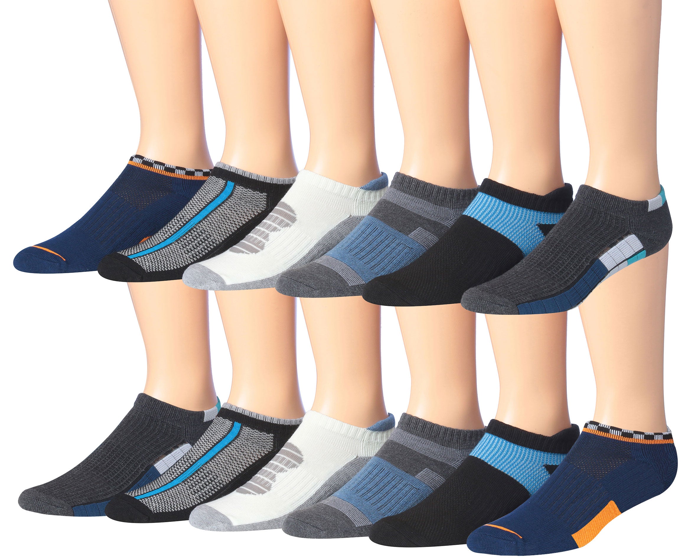 James Fiallo Men's 12-Pairs Performance Low Cut Athletic Sport Socks displayed in various colors and styles, showcasing their low cut design and quality fabric.