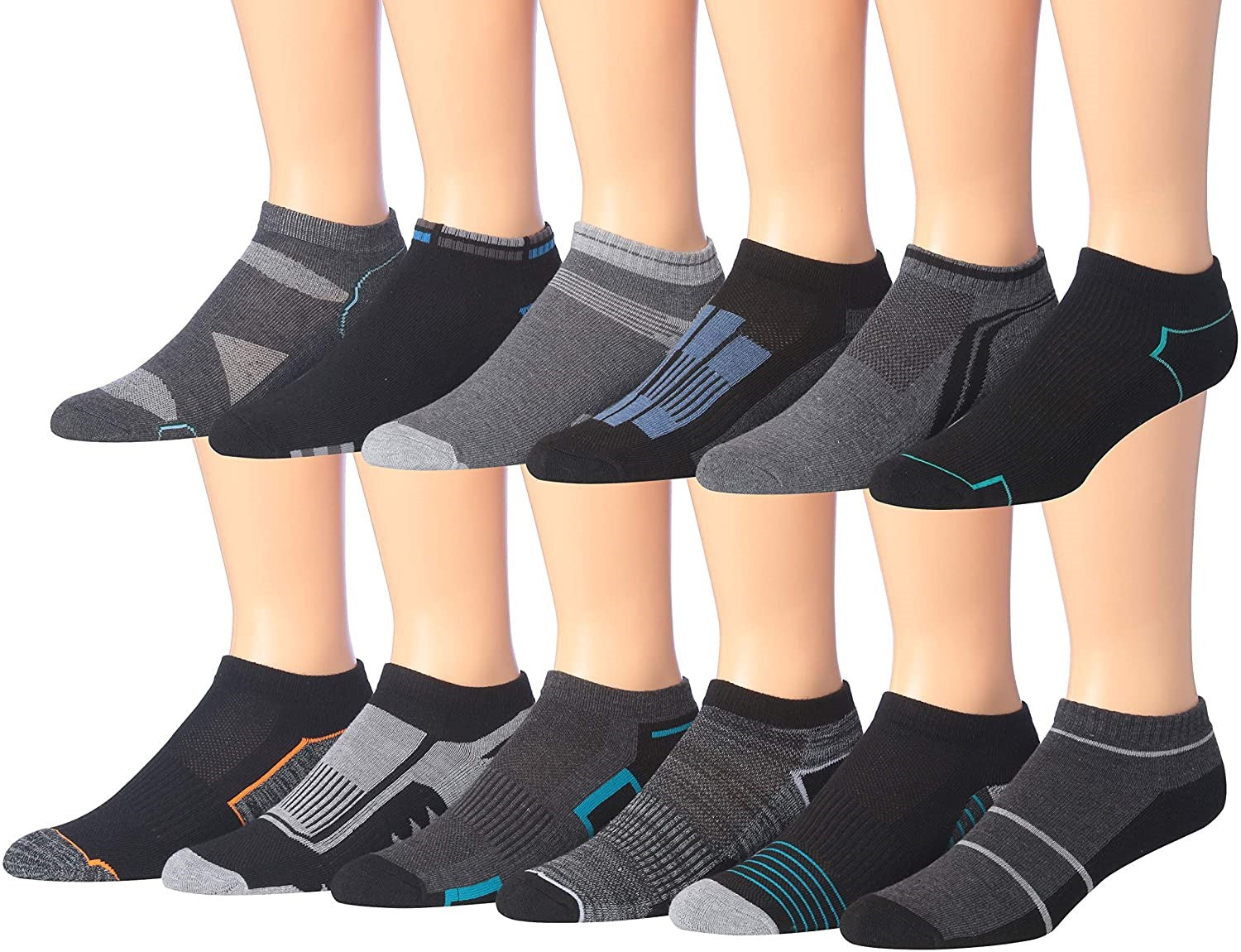 James Fiallo Men's 12-Pairs Performance Low Cut Athletic Sport Socks displayed in various colors and styles, showcasing their low cut design and quality fabric.