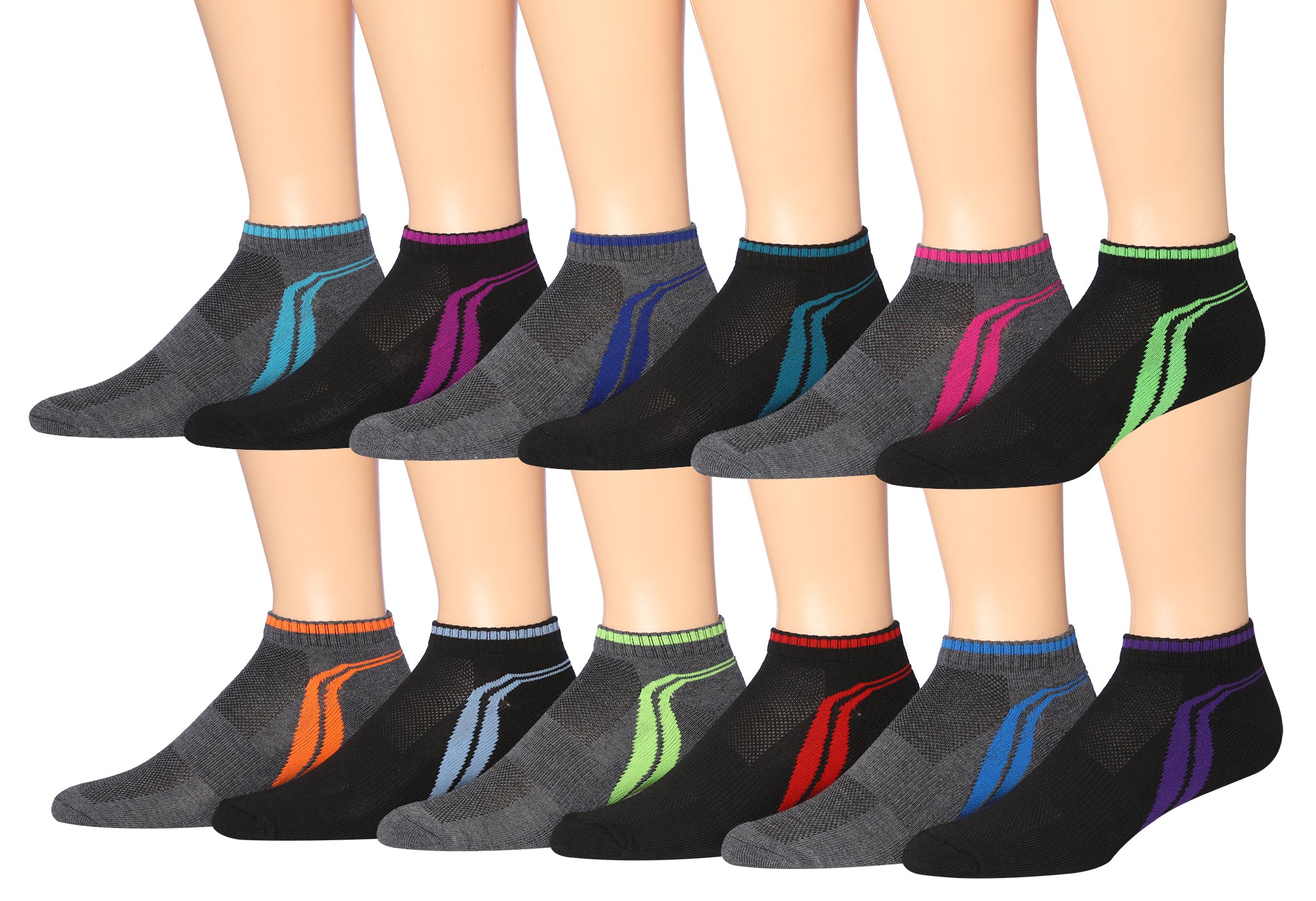 James Fiallo Men's 12-Pairs Performance Low Cut Athletic Sport Socks displayed in various colors and styles, showcasing their low cut design and quality fabric.