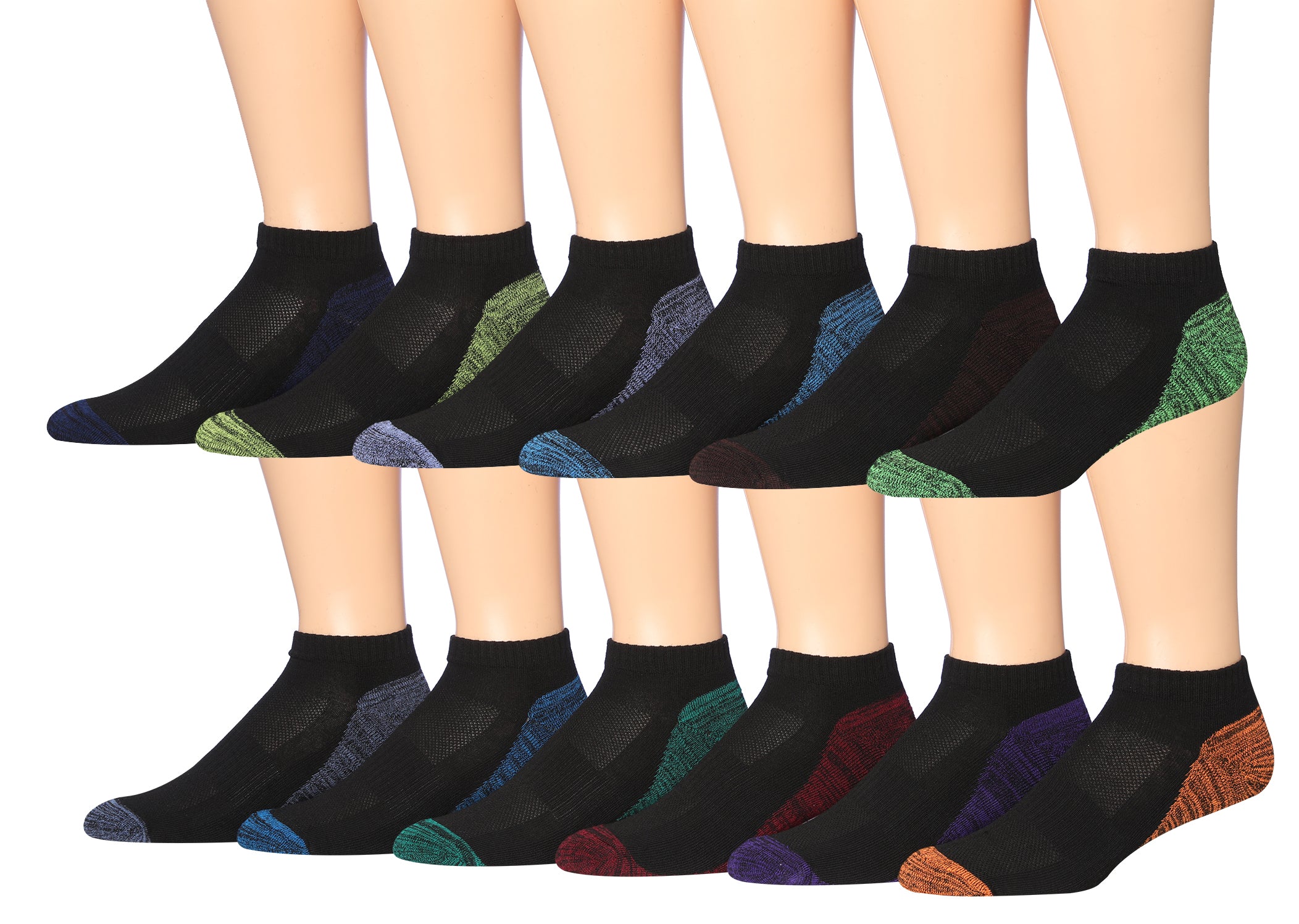 James Fiallo Men's 12-Pairs Performance Low Cut Athletic Sport Socks displayed in various colors and styles, showcasing their low cut design and quality fabric.