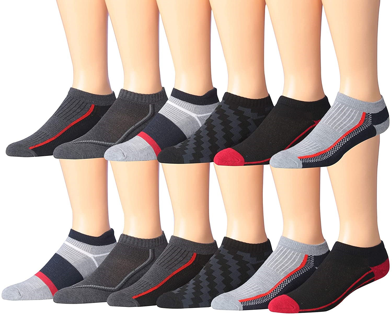 James Fiallo Men's 12-Pairs Performance Low Cut Athletic Sport Socks displayed in various colors and styles, showcasing their low cut design and quality fabric.