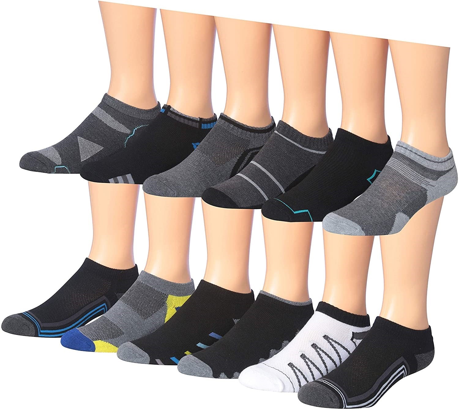 James Fiallo Men's 12-Pairs Performance Low Cut Athletic Sport Socks displayed in various colors and styles, showcasing their low cut design and quality fabric.