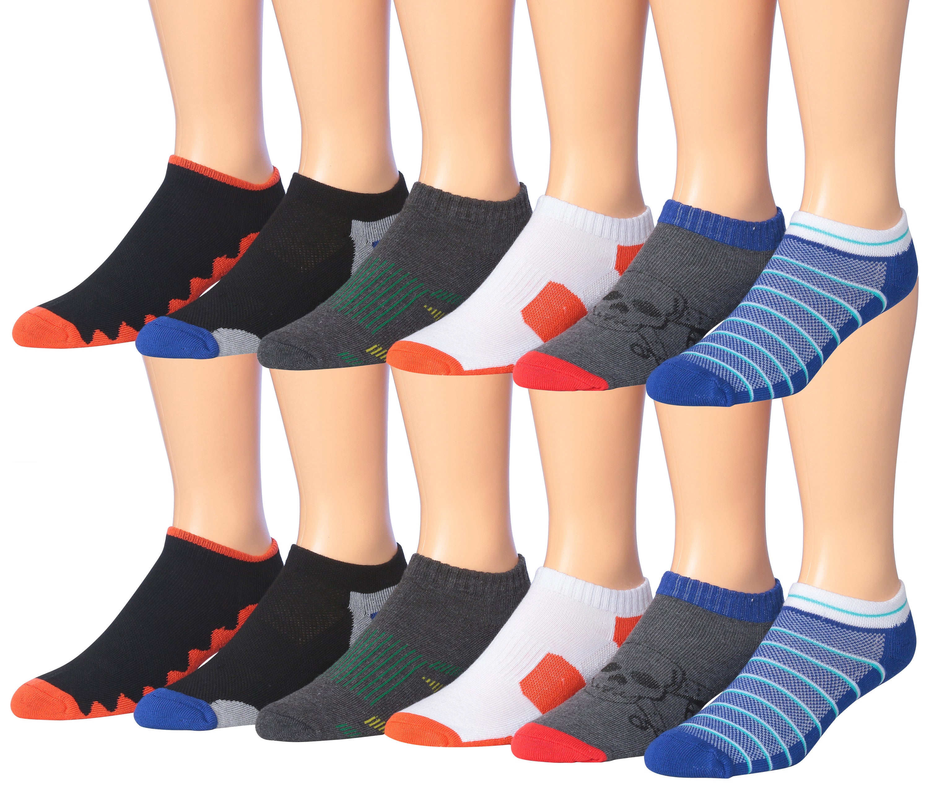 James Fiallo Men's 12-Pairs Performance Low Cut Athletic Sport Socks in various colors, showcasing their low cut design and breathable fabric.