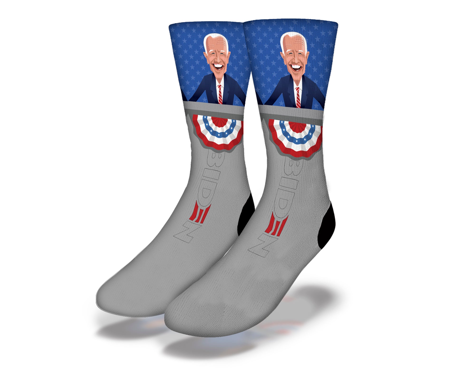 Colorful JOE BIDEN 2020 fun political socks featuring caricatures of President Biden, perfect for rallies and social causes.