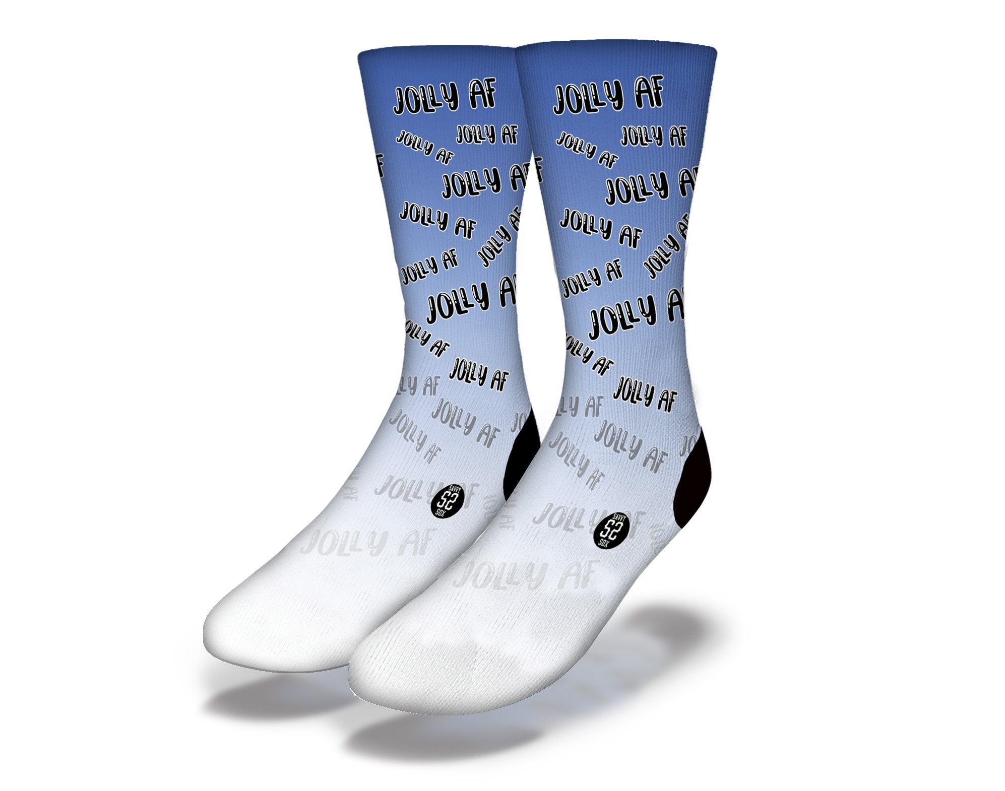 JOLLY AF Funny Christmas Socks in blue, featuring a humorous design perfect for holiday gifting.