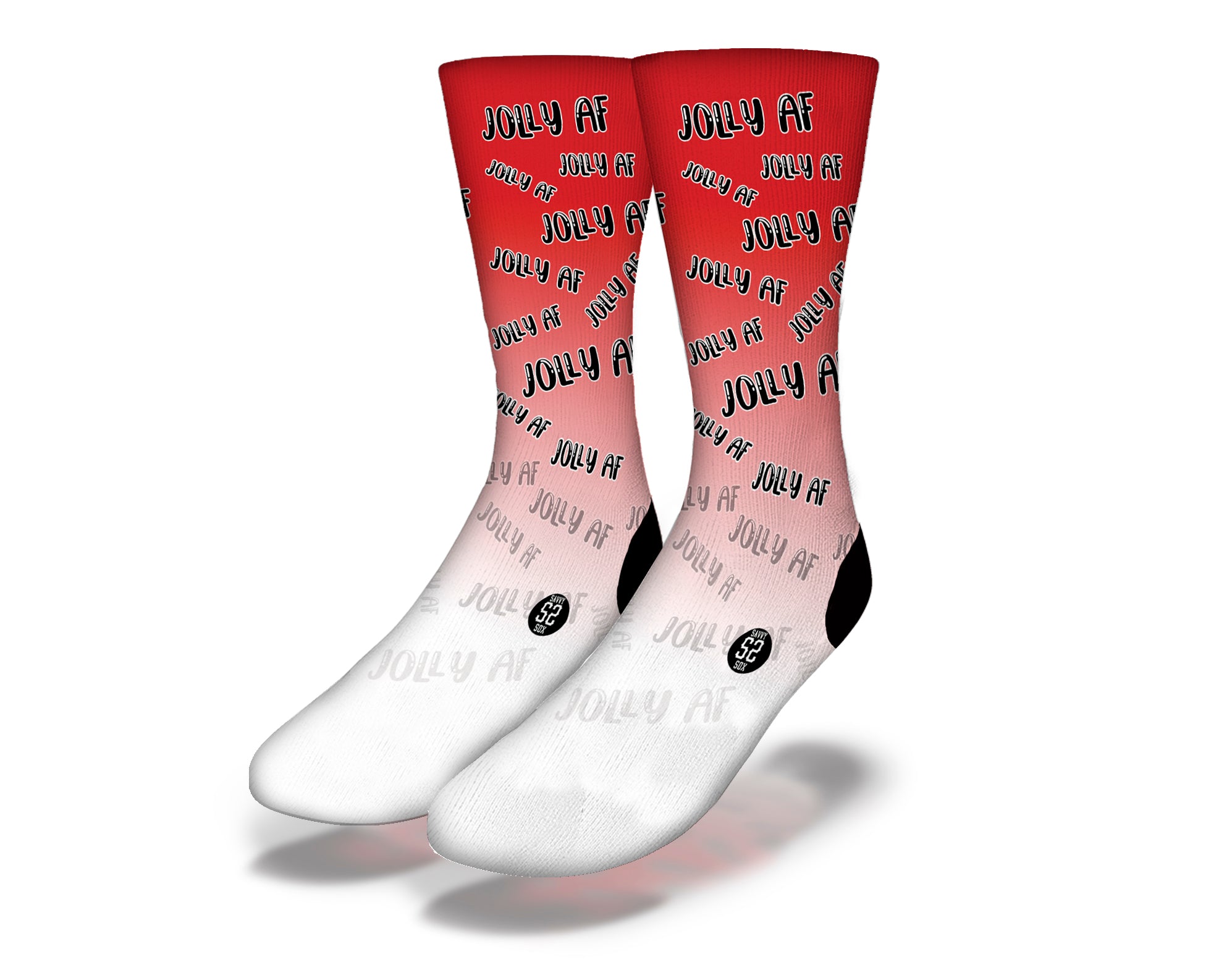 JOLLY AF (Red) Funny Christmas Socks featuring a playful design perfect for holiday gifting.