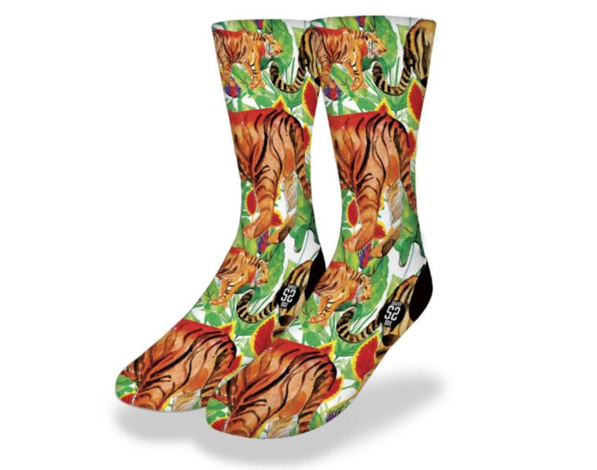 A pair of colorful JUNGLE TIGERS Fun Animal Socks featuring playful tiger patterns, perfect for animal lovers.