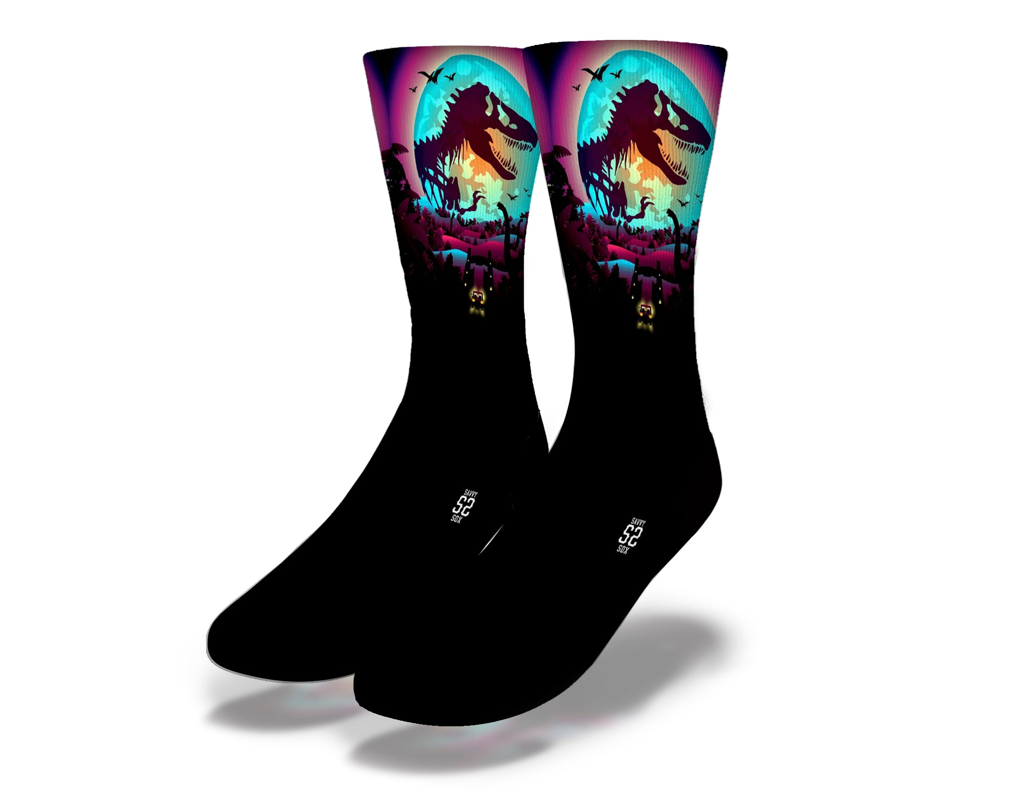 A pair of colorful dinosaur socks featuring a T-Rex design, perfect for dinosaur lovers and fun sock enthusiasts.