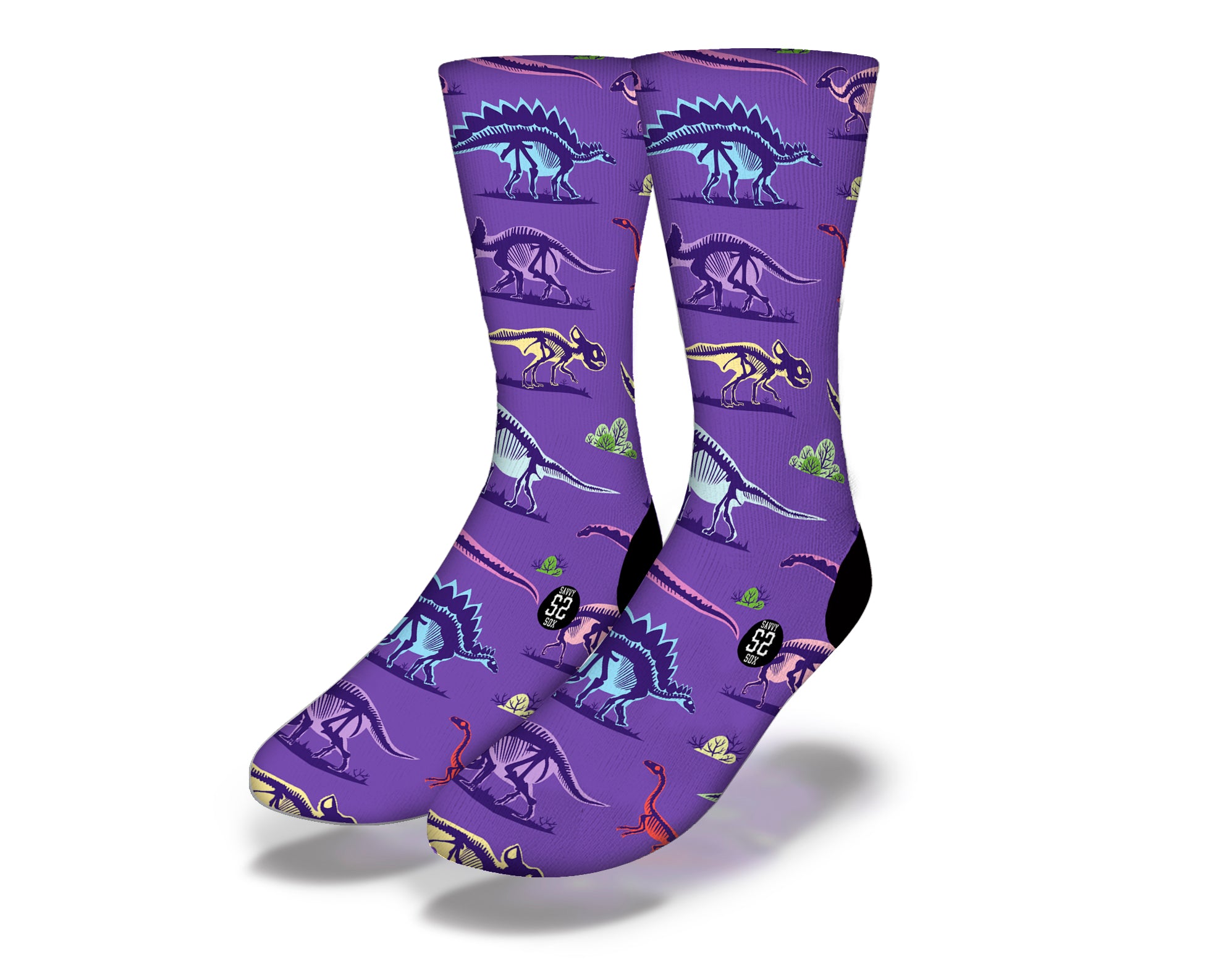 Colorful JURASSIC X-RAYS Fun Dinosaur Socks featuring a unique dinosaur x-ray design in purple, perfect for kids and adults.