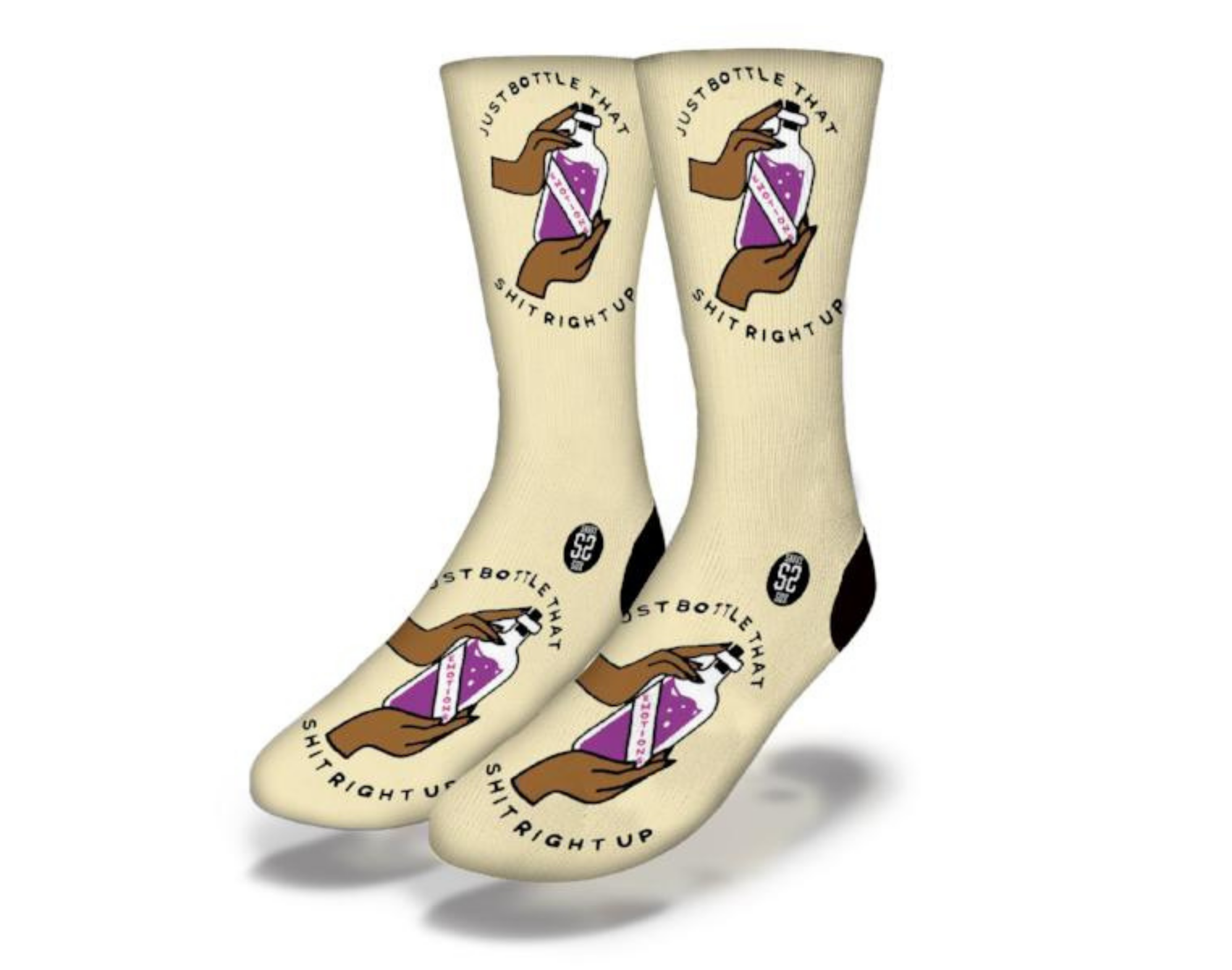 A pair of Just Bottle It Up Socks featuring a playful bottle design, showcasing their vibrant colors and soft texture.