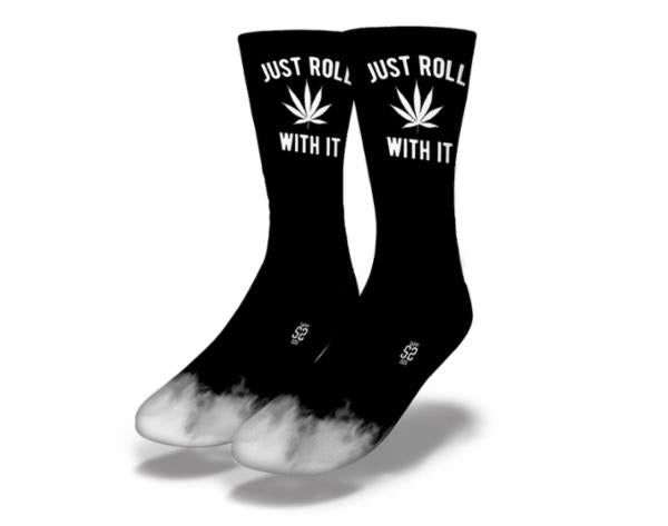 JUST ROLL WITH IT Funny Weed Socks featuring a vibrant marijuana pot leaf design, perfect for stoners and gag gifts.