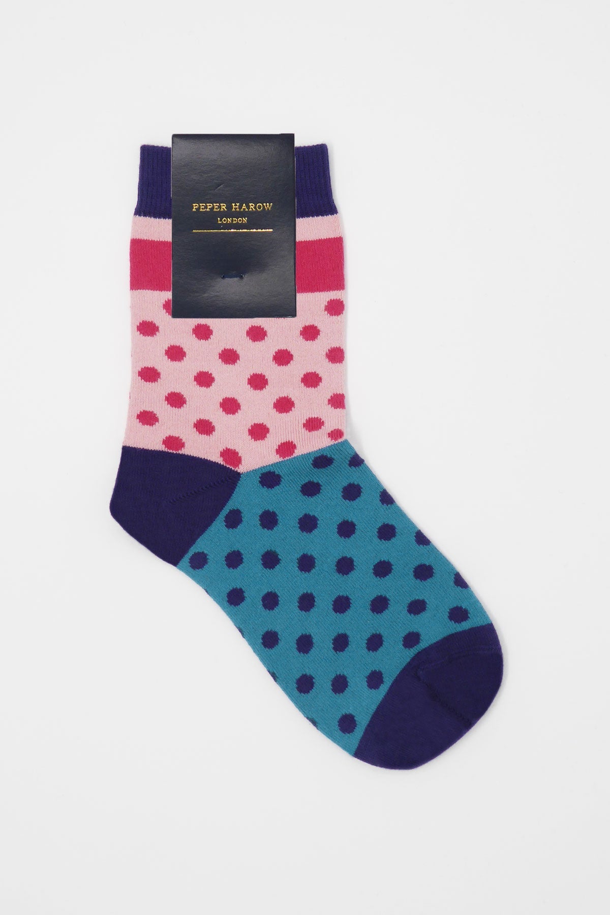 Katherine Women's Bubblegum Socks featuring vibrant pink and blue polka dots, made from luxurious Supima cotton.