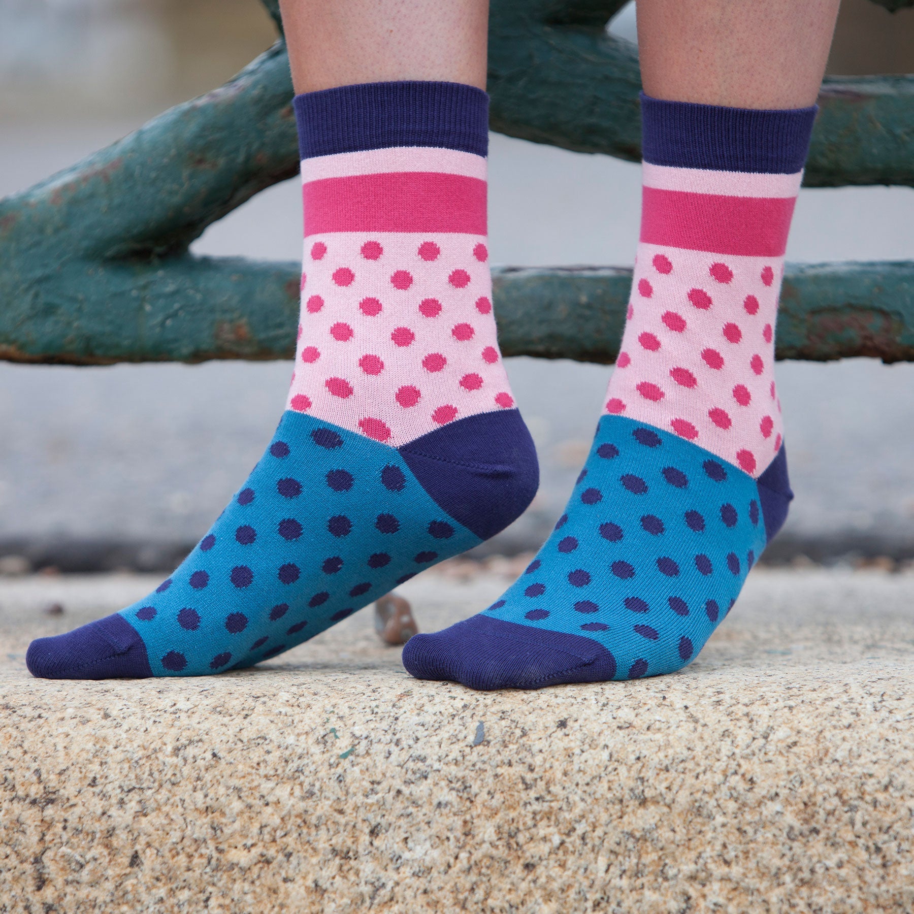 Katherine Women's Bubblegum Socks featuring vibrant pink and blue polka dots, made from luxurious Supima cotton.