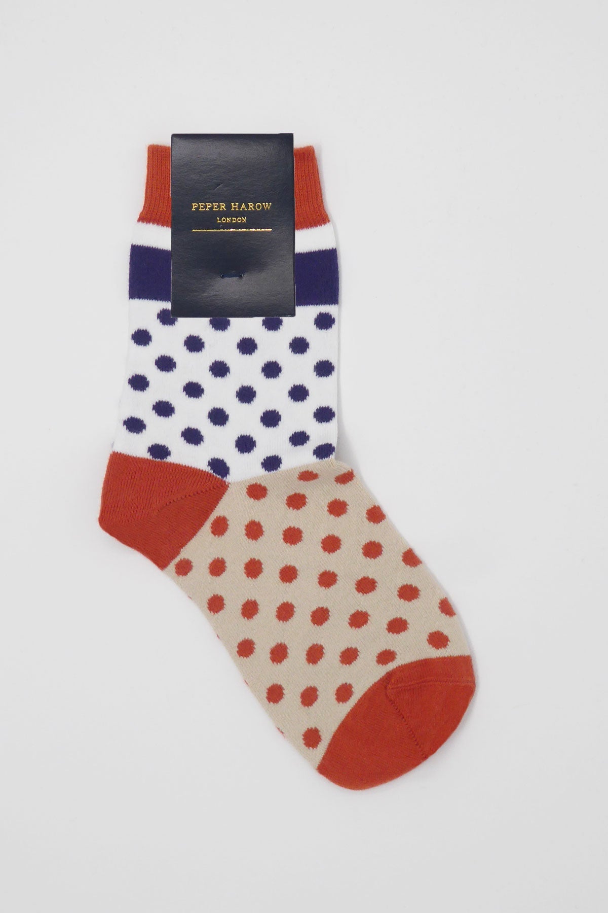 Katherine Women's Socks in taupe with navy and orange polka dots, showcasing luxury and comfort.