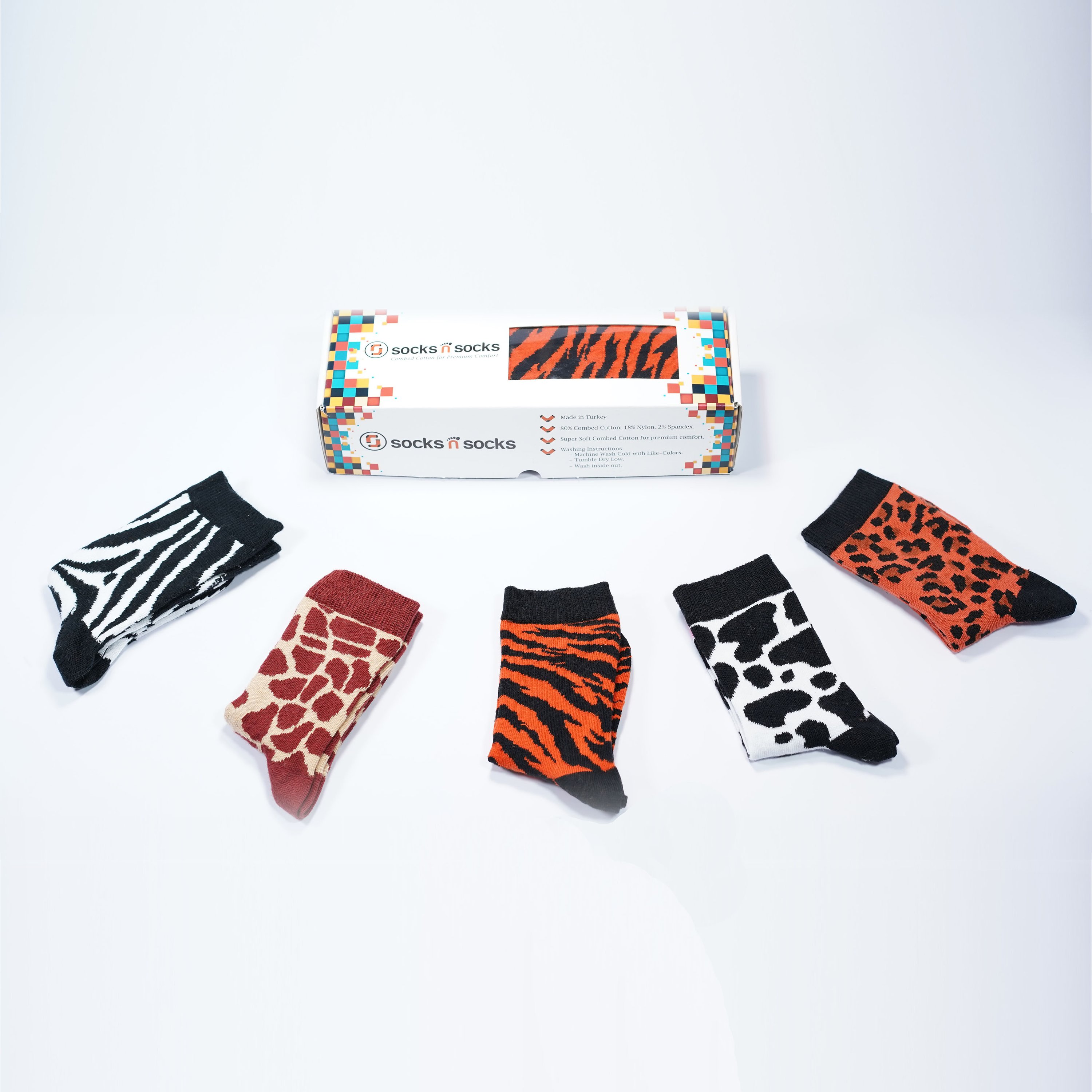 Colorful Kids Animal Pattern Socks featuring fun animal designs, made from soft Turkish cotton blend for comfort and style.