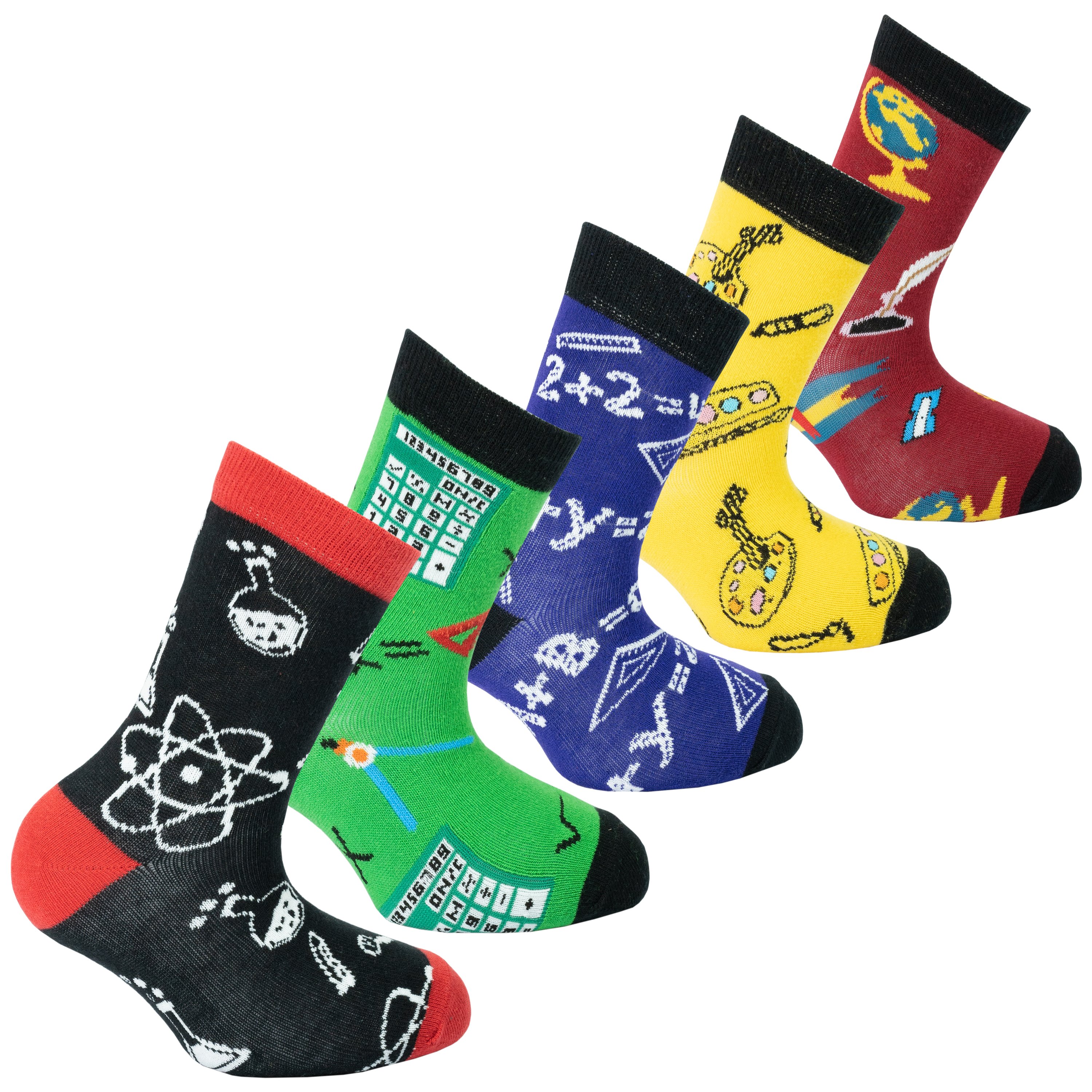 Colorful Kids Arts & Science Socks featuring vibrant designs and patterns, made from soft Turkish cotton for comfort and style.