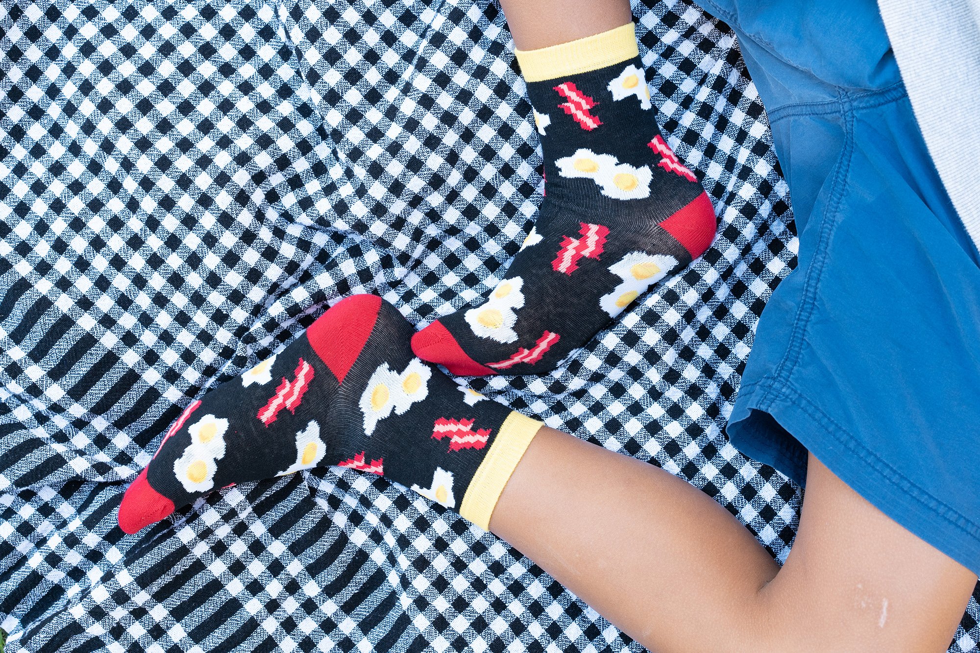 Colorful Kids Bacon & Eggs Socks featuring a fun design with bacon and eggs, made from soft Turkish cotton for comfort.